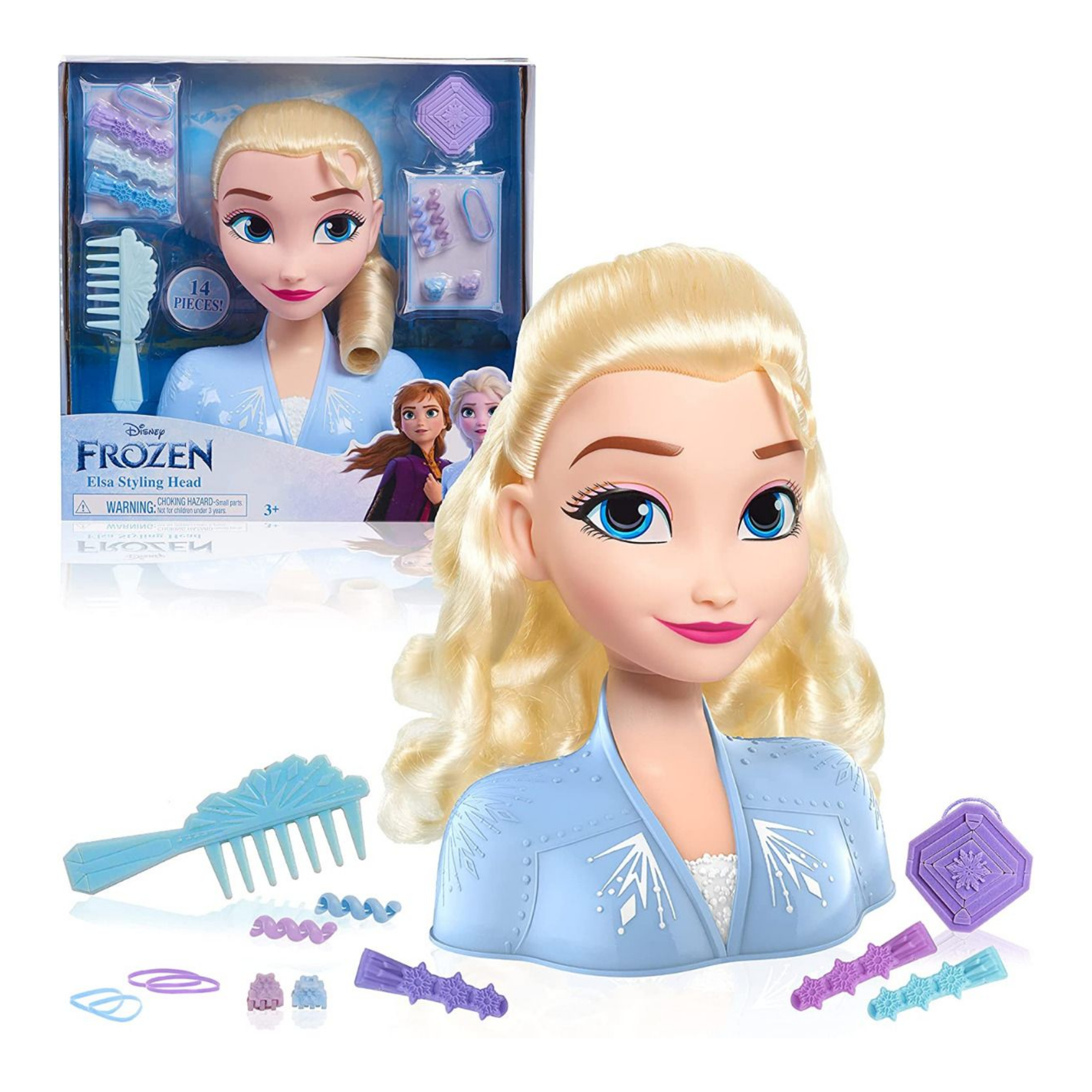 Disney Princess 14 Piece Frozen Styling Head with Accessories Featuring Elsa, 8" Inch Blonde Hair Pretend Play Set, Officially Licensed Kids Role Play Toy for Ages 3 & Up by Just Play