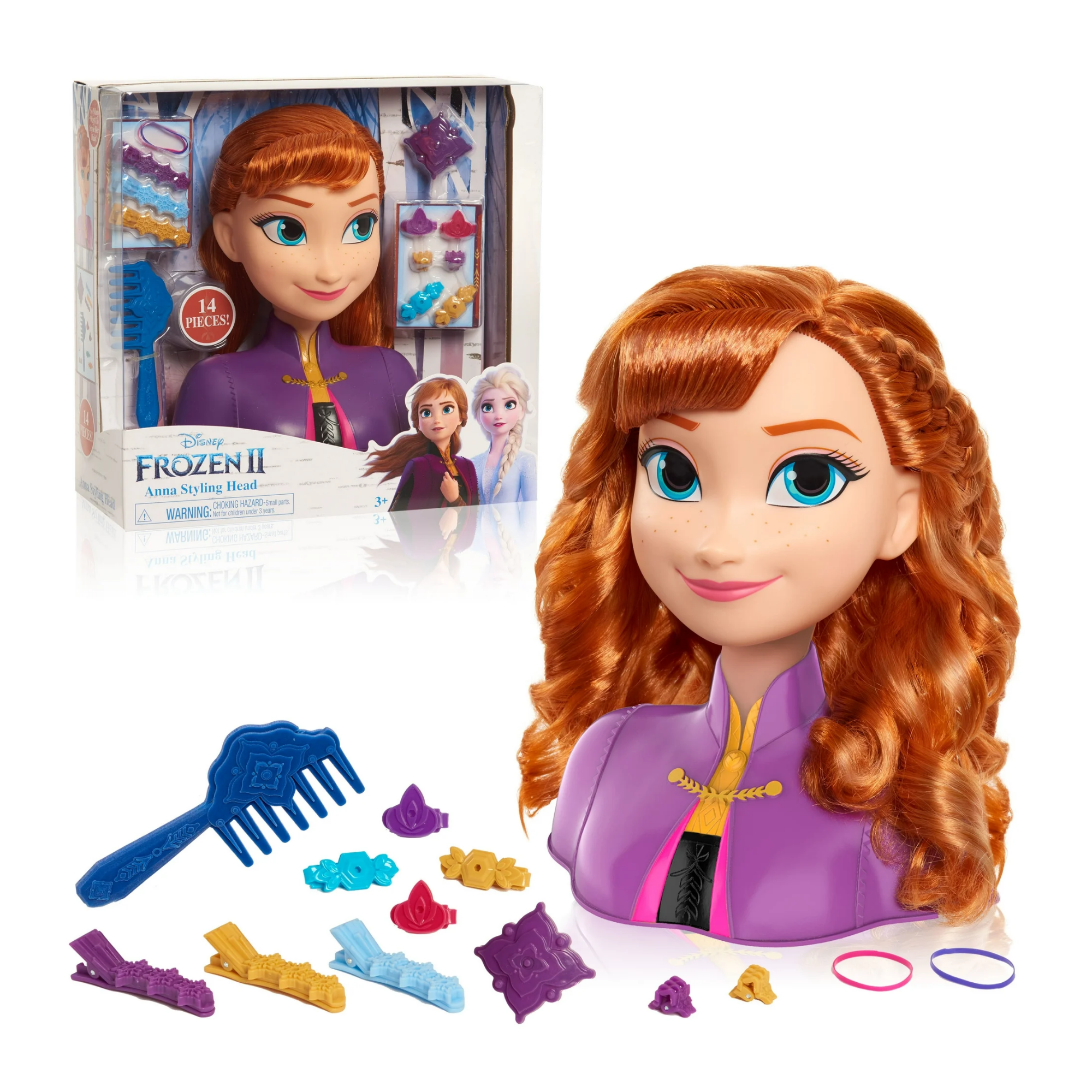 Disney Princess 14 Piece Frozen Styling Head with Accessories Featuring Anna, 8" Inch Red Hair Pretend Play Set, Officially Licensed Kids Role Play Toy for Ages 3 & Up by Just Play