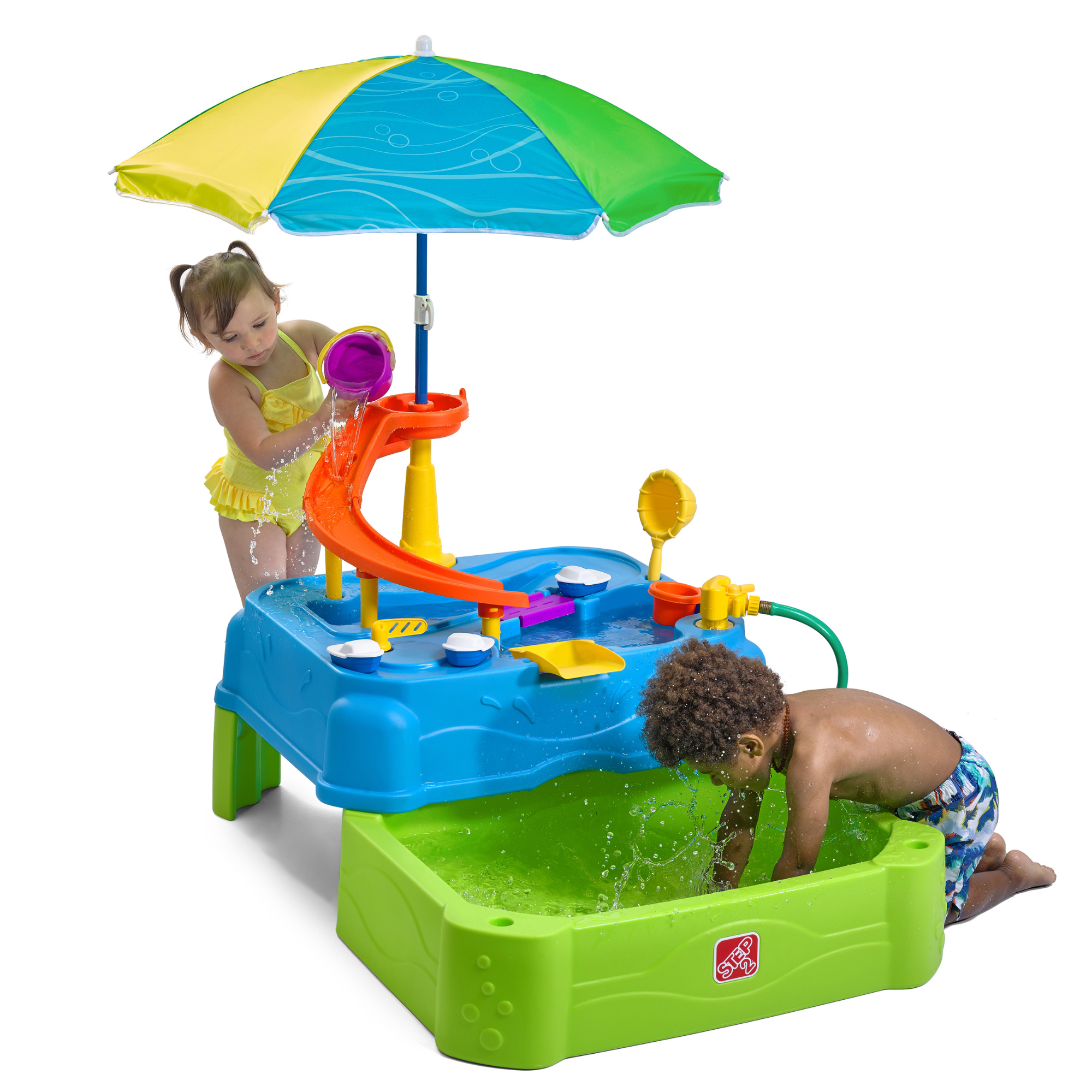Step2 Waterpark Wonders Two-Tier Water Table, Outdoor 2 Level Water Table and Activity Centre with Umbrella, Strainer, Bucket, Cup and Boats, Suitable for Kids both Boys and Girls Aged 18m and Above