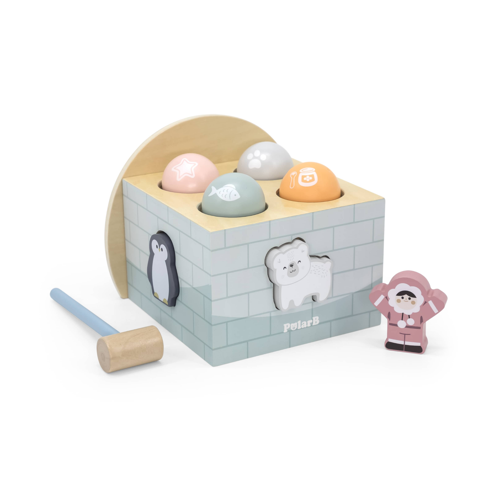 PolarB Igloo Pounding Hammer Game and Shape Sorter Toy for Toddlers, Wooden Activity Toy with Hammer, Balls and Characters, Encourages Fine Motor Skills, Age 18 Months and Up