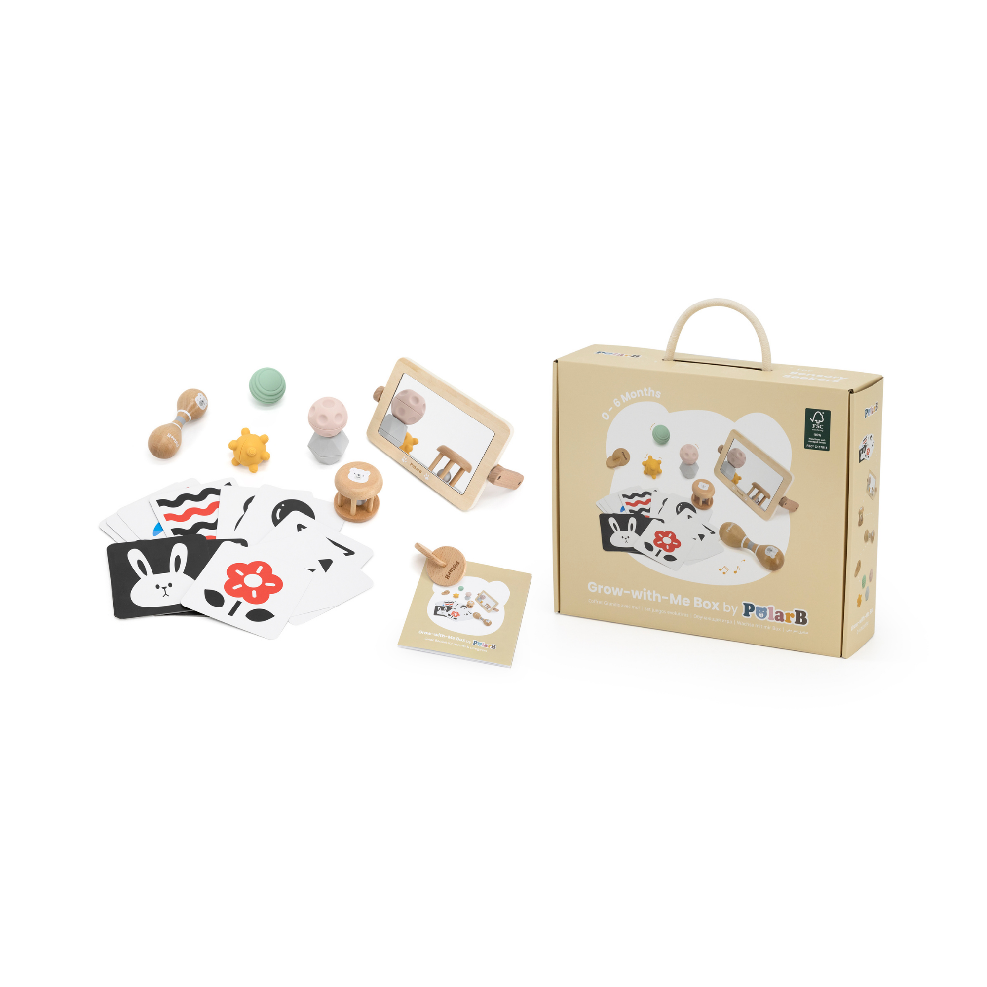 PolarB FSC Grow-with-Me Sensory Seekers Box, Montessori-Inspired Sensory Toy Set for Babies 0-6 Months, Includes High Contrast Cards, Mirror, Maracas, Rattle, Discs and Textured Balls
