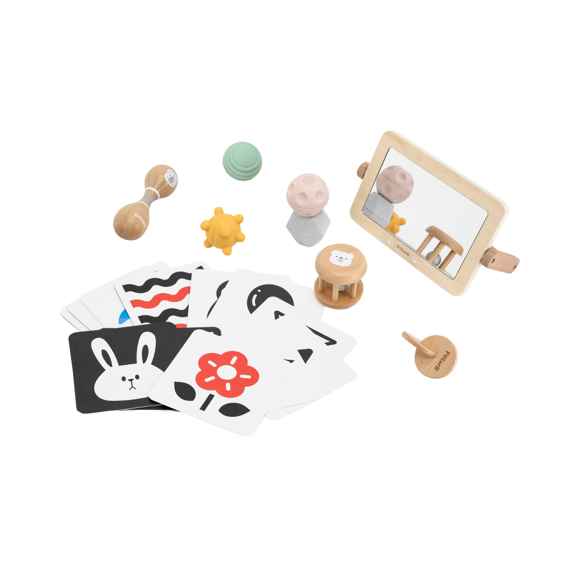 PolarB FSC Grow-with-Me Sensory Seekers Box, Montessori-Inspired Sensory Toy Set for Babies 0-6 Months, Includes High Contrast Cards, Mirror, Maracas, Rattle, Discs and Textured Balls