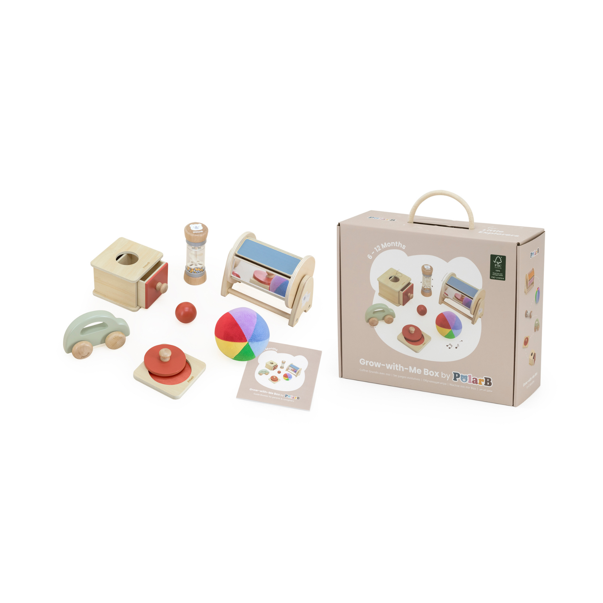 PolarB FSC Grow-with-Me Box Little Explorers, Sensory and Motor Skill Development Toy Set for Babies 6-12 Months, Includes Wooden Car, Mirror Sorter, Plush Ball, Puzzle, and More