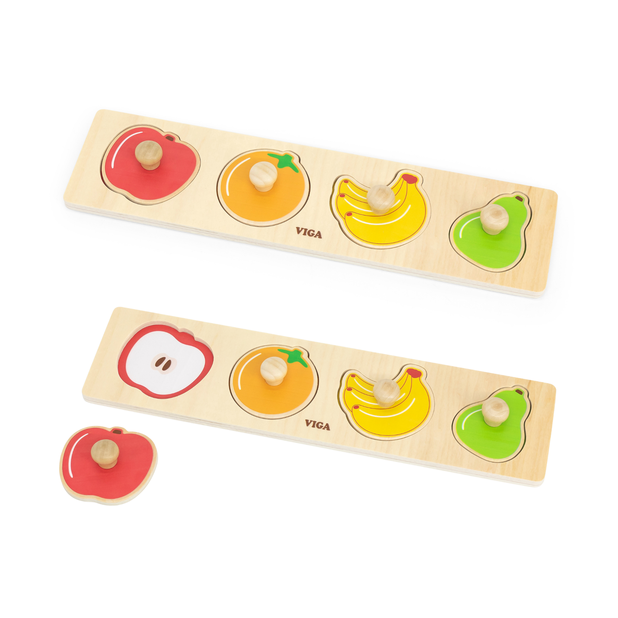 Viga Fruits, 4 Piece Knob Puzzle, Montessori Wooden Toy, Develops Sensory, Cognitive & Fine Motor Skills, Non-Toxic & Eco-friendly Kids Educational Toy, Suitable for Boys and Girls Aged 12M+