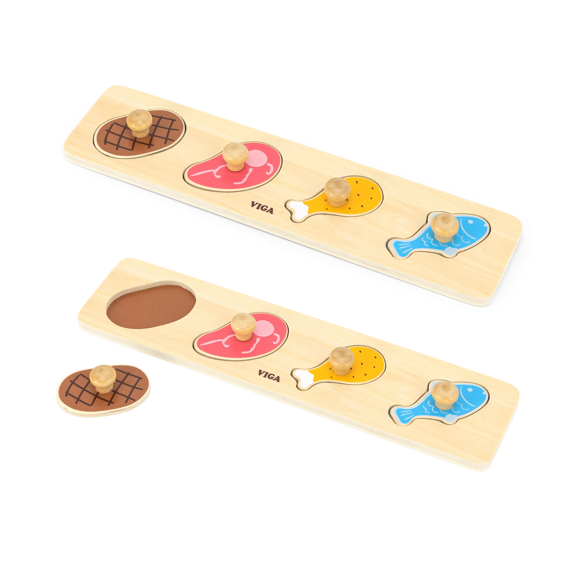 Viga Meat & Fish, 4 Piece Knob Puzzle, Montessori Wooden Toy, Develops Sensory, Cognitive & Fine Motor Skills, Non-Toxic & Eco-friendly Kids Educational Toy, Suitable for Boys and Girls Aged 12M+