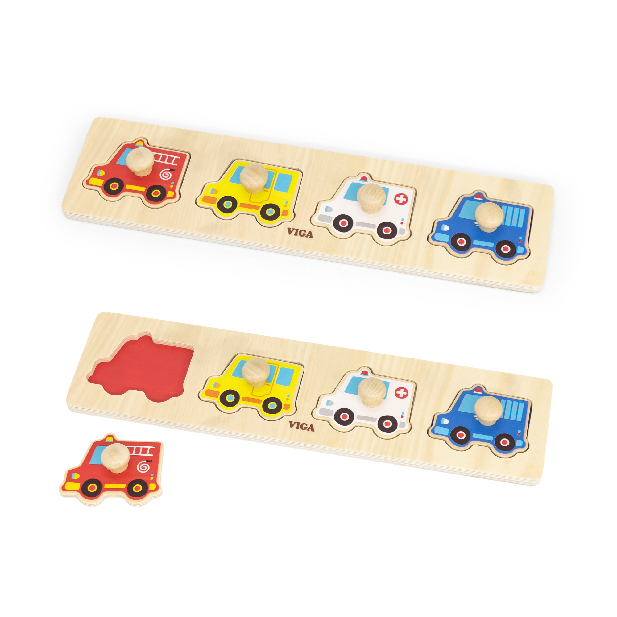 Viga Vehicles, 4 Piece Knob Puzzle, Montessori Wooden Toy, Develops Sensory, Cognitive & Fine Motor Skills, Non-Toxic & Eco-friendly Kids Educational Toy, Suitable for Boys and Girls Aged 12M+
