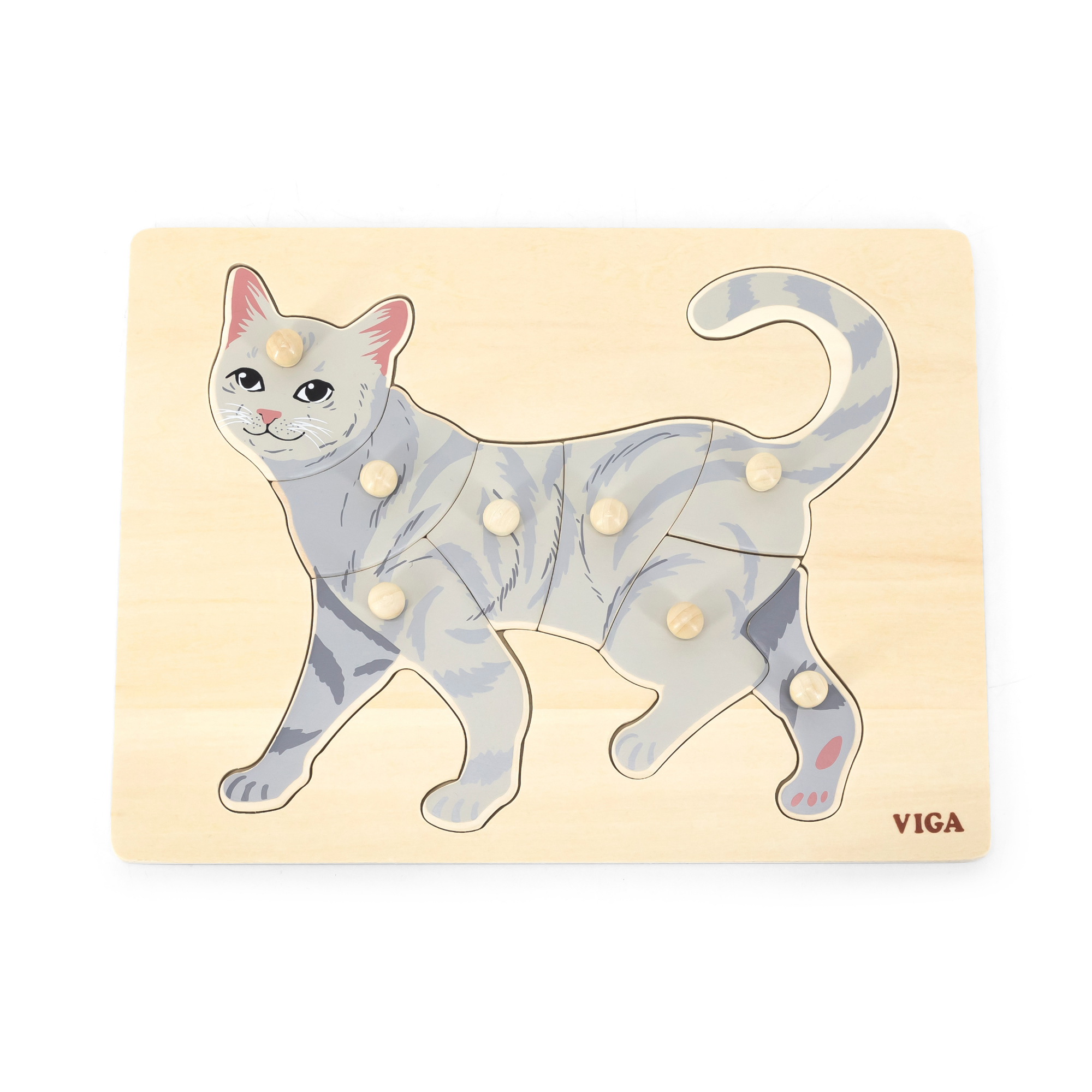 Viga Cat, 8 Piece Knob Puzzle, Montessori Wooden Toy, Develops Sensory, Cognitive & Fine Motor Skills, Non-Toxic & Eco-friendly Kids Educational Toy, Suitable for Boys and Girls Aged 18M+