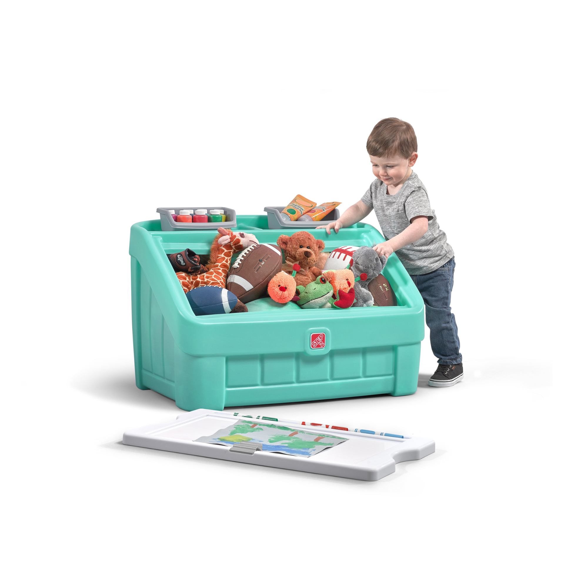 Step2 2 in 1 Toy Box and Art Lid, Multi-Functional Indoor Kids Toy Bin with Clip, 4.5 Cubic Feet Storage Compartment Space, Suitable for Children both Boys and Girls Aged 2+