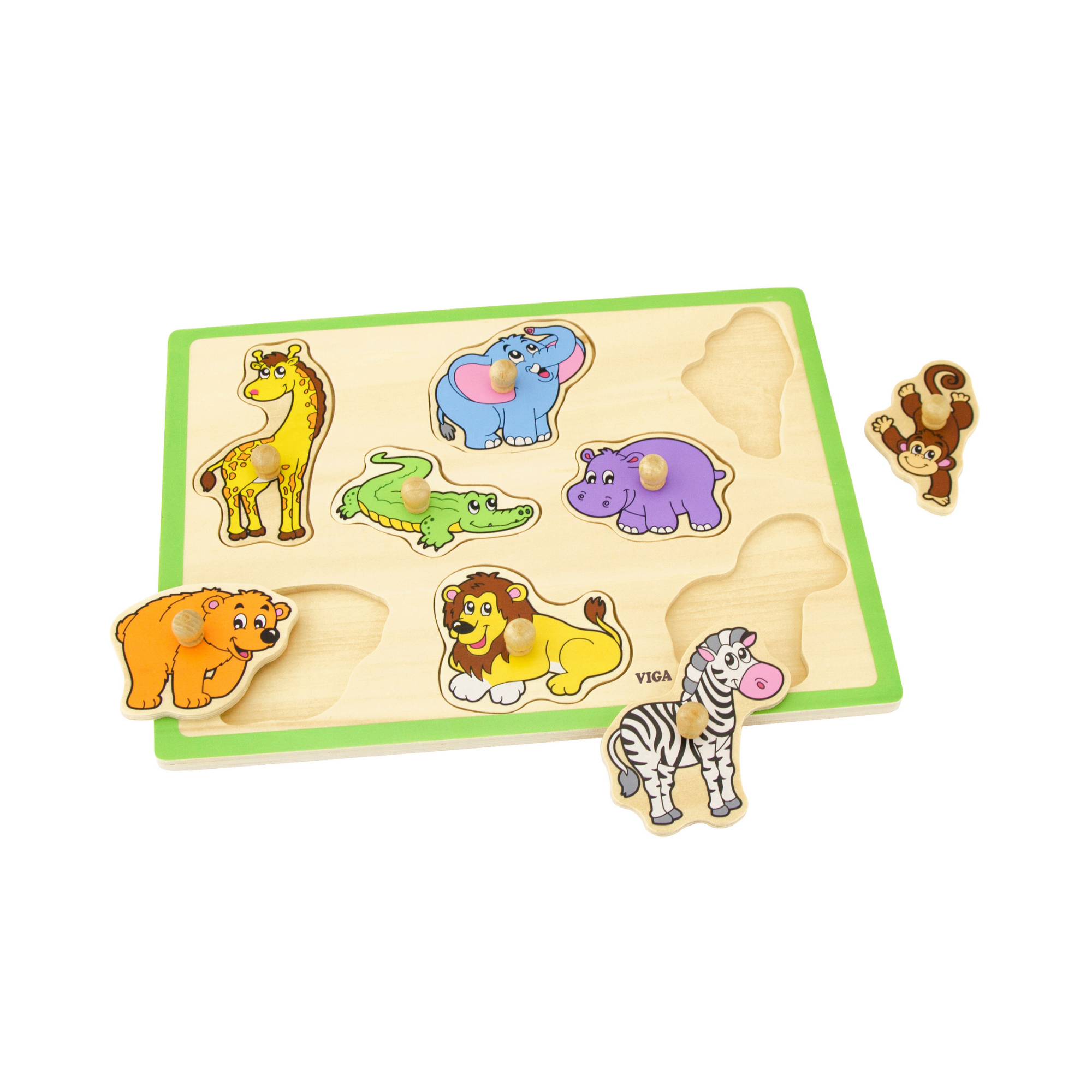 Viga Wild Animals, 8 Piece Knob Puzzle, Montessori Wooden Toy, Develops Sensory, Cognitive & Fine Motor Skills, Non-Toxic & Eco-friendly Kids Educational Toy, Suitable for Boys and Girls Aged 18M+