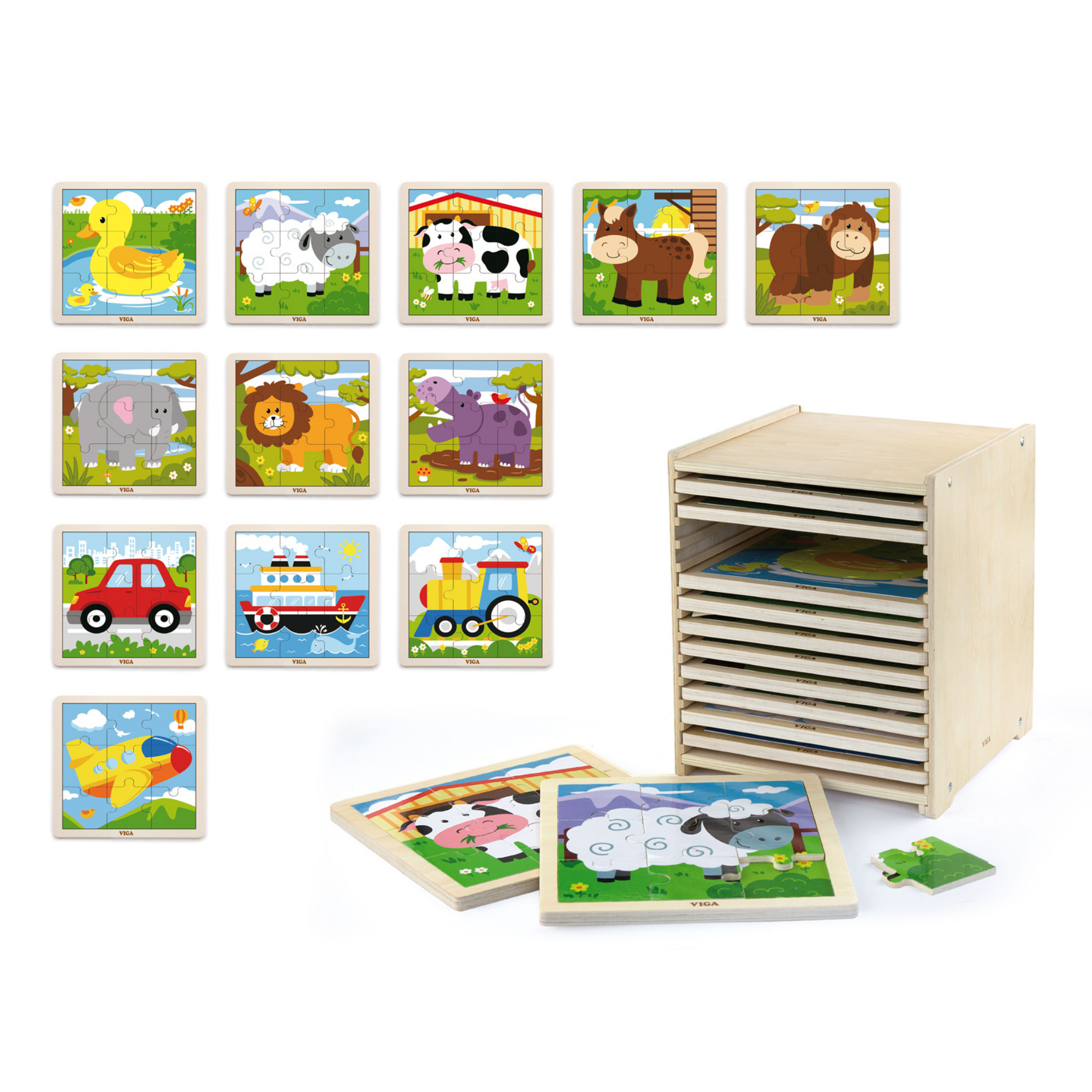 Viga Set of 12, 9 Piece Jigsaw Puzzle, Montessori Wooden Toy, Develops Sensory, Cognitive & Fine Motor Skills, Non-Toxic & Eco-friendly Kids Educational Toy, Suitable for Boys and Girls Aged 2Y+