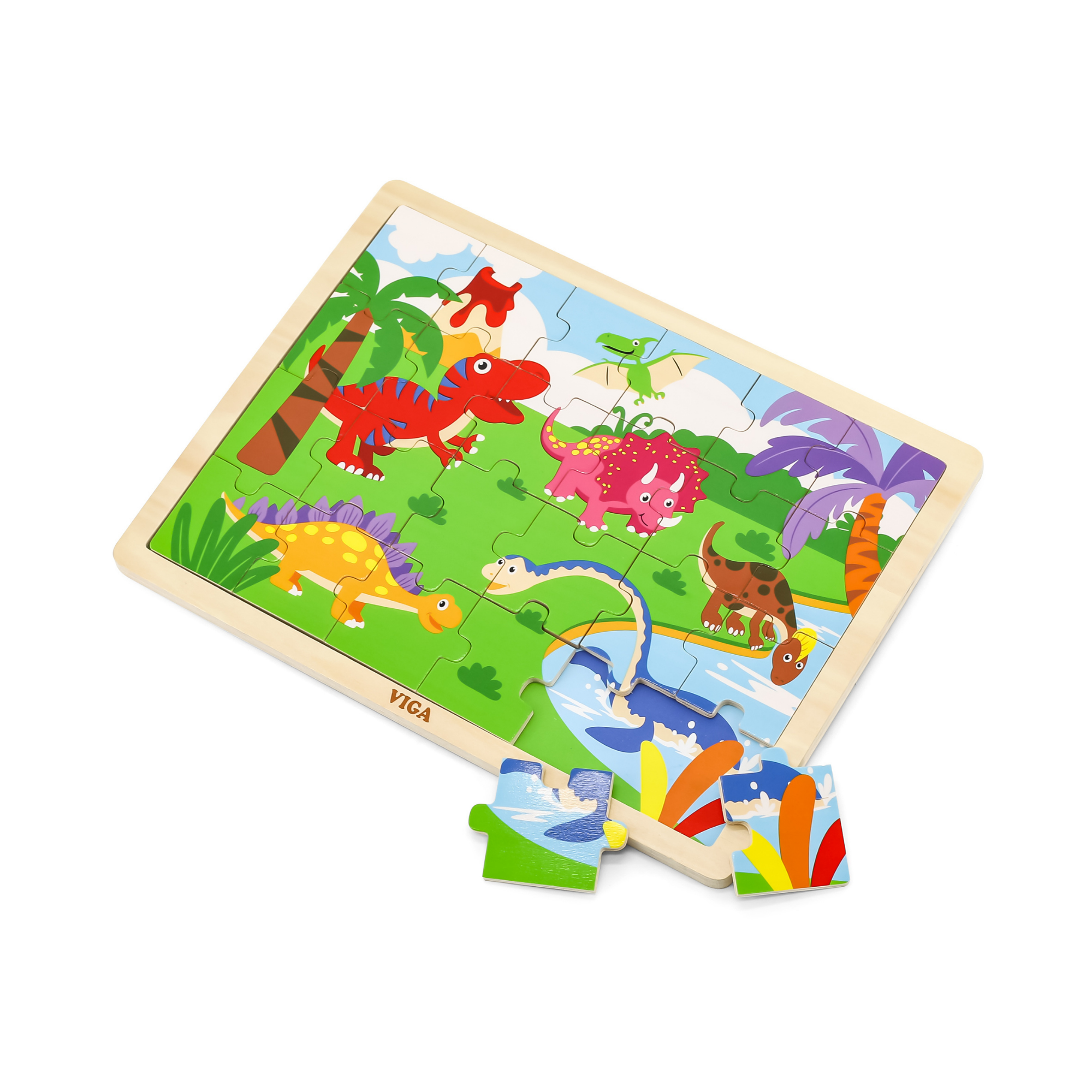 Viga Dinosaurs, 24 Piece Jigsaw Puzzle, Montessori Wooden Toy, Develops Sensory, Cognitive & Fine Motor Skills, Non-Toxic & Eco-friendly Kids Educational Toy, Suitable for Boys and Girls Aged 2Y+