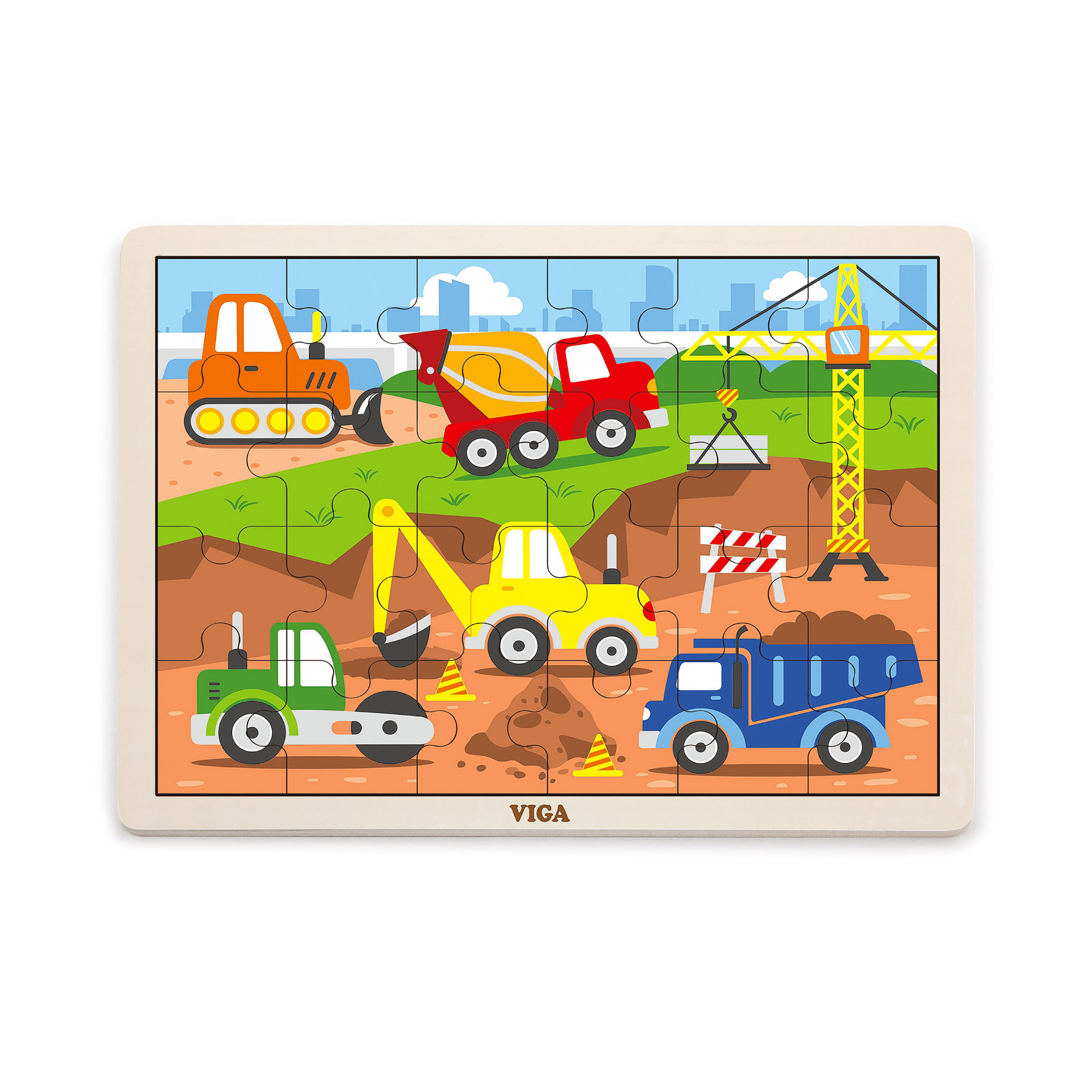 Viga Construction Vehicles, 24 Piece Jigsaw Puzzle, Montessori Wooden Toy, Develops Sensory, Cognitive & Fine Motor Skills, Non-Toxic & Eco-friendly Kids Educational Toy, Suitable for Children 2Y+