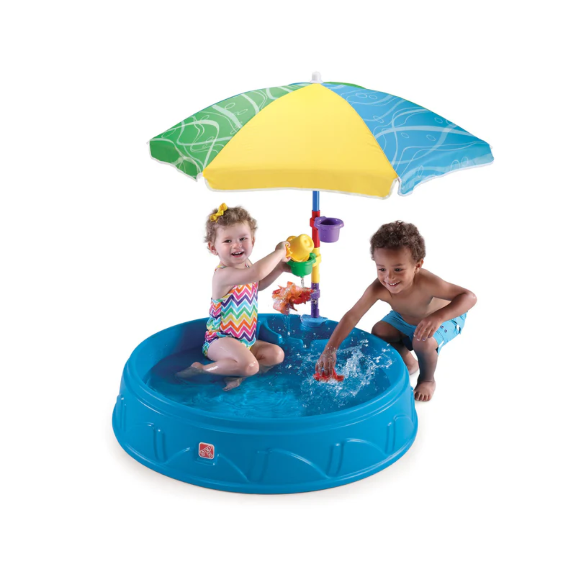 Step2 Play & Shade Pool, 45 Litre Outdoor Water Pool with Two Molded Seats, Includes Funnel Cup, Umbrella and Water Wheel Accessories, Backyard Garden Kids Pool Suitable for Boys and Girls Aged 2+