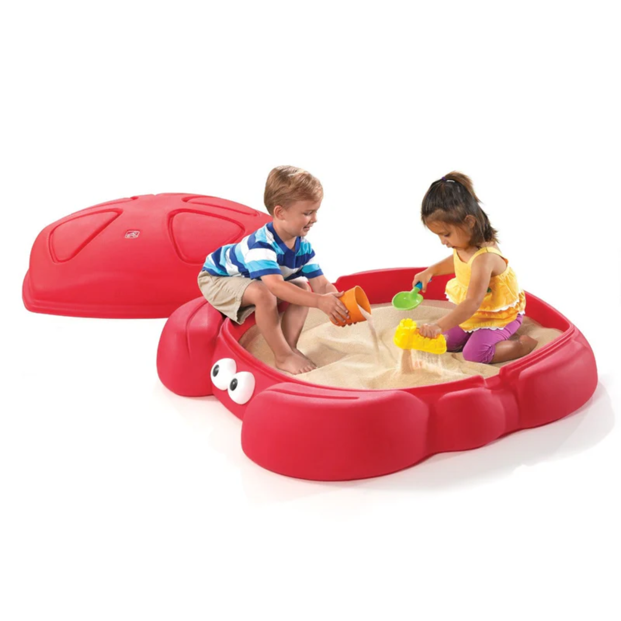 Step2 Crabbie Sandbox with Lid, Red Outdoor Sandpit, Sensory Play and Activity Toy with Two Molded Claw Seats, Backyard Garden Sandpit with 136 kg Holding Capacity, Suitable for Boys and Girls Aged 3+
