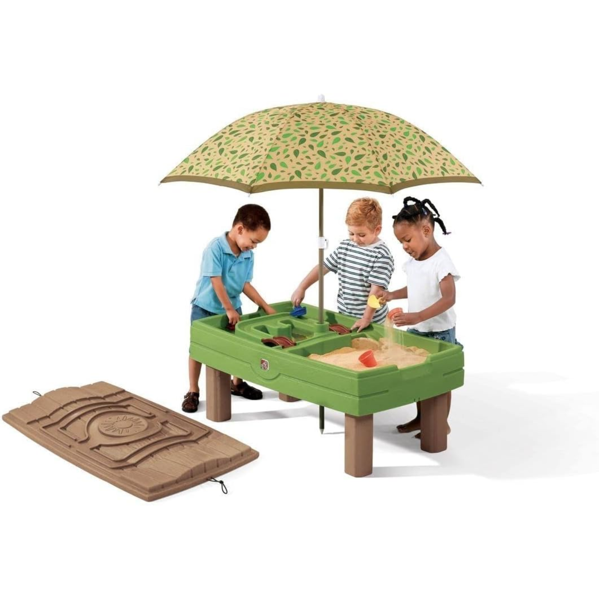 Step2 Naturally Playful Sand & Water Activity Center, Outdoor Sand and Water Table with Umbrella, Sensory Playset with 7 Piece Accessories, STEM Toy and Activity Centre, Suitable for Children Aged 2+