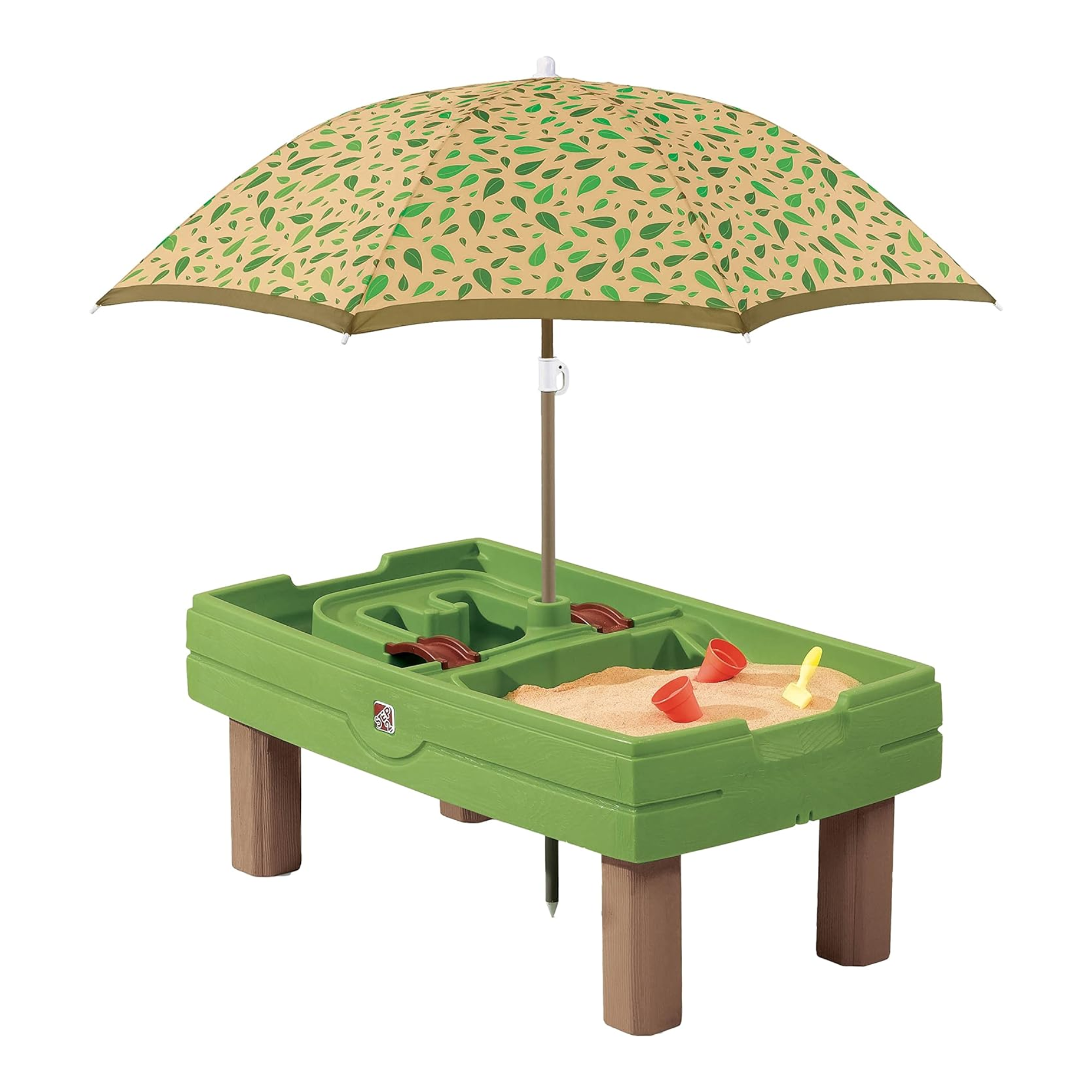 Step2 Naturally Playful Sand & Water Activity Center, Outdoor Sand and Water Table with Umbrella, Sensory Playset with 7 Piece Accessories, STEM Toy and Activity Centre, Suitable for Children Aged 2+