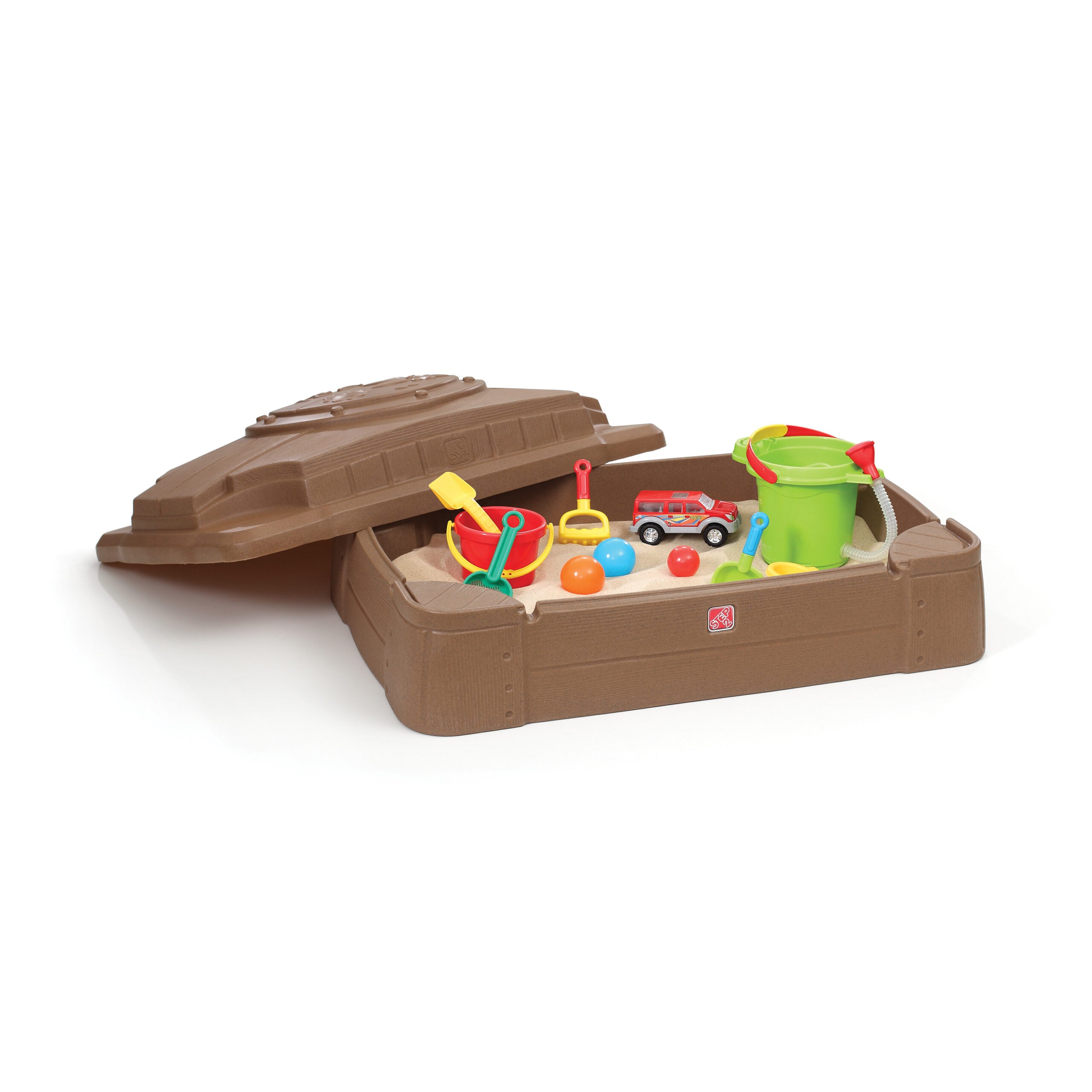 Step2 Play & Store Sandbox with Lid, Outdoor Sandpit, Sensory Play and Activity Toy with 4 Molded Seats, Backyard Garden Sandpit with 90 kg Holding Capacity, Suitable for Toddlers Aged 2+
