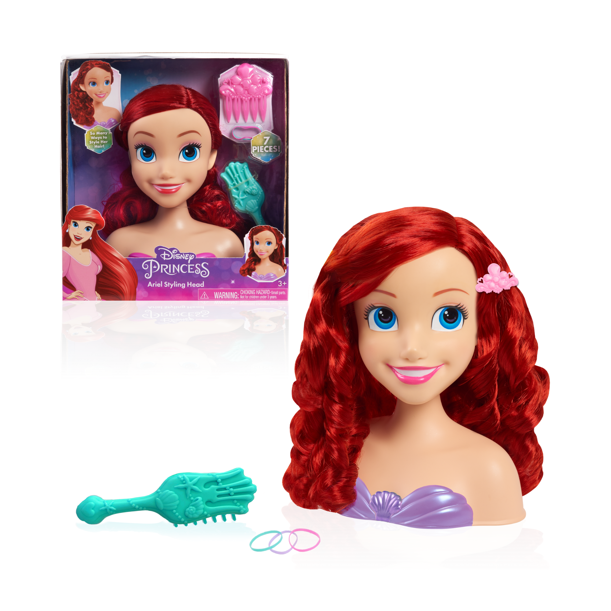 Disney Princess 7 Piece The Little Mermaid Styling Head with Accessories Featuring Ariel, 8" Inch Red Hair Pretend Play Set, Officially Licensed Kids Role Play Toy for Ages 3 & Up by Just Play