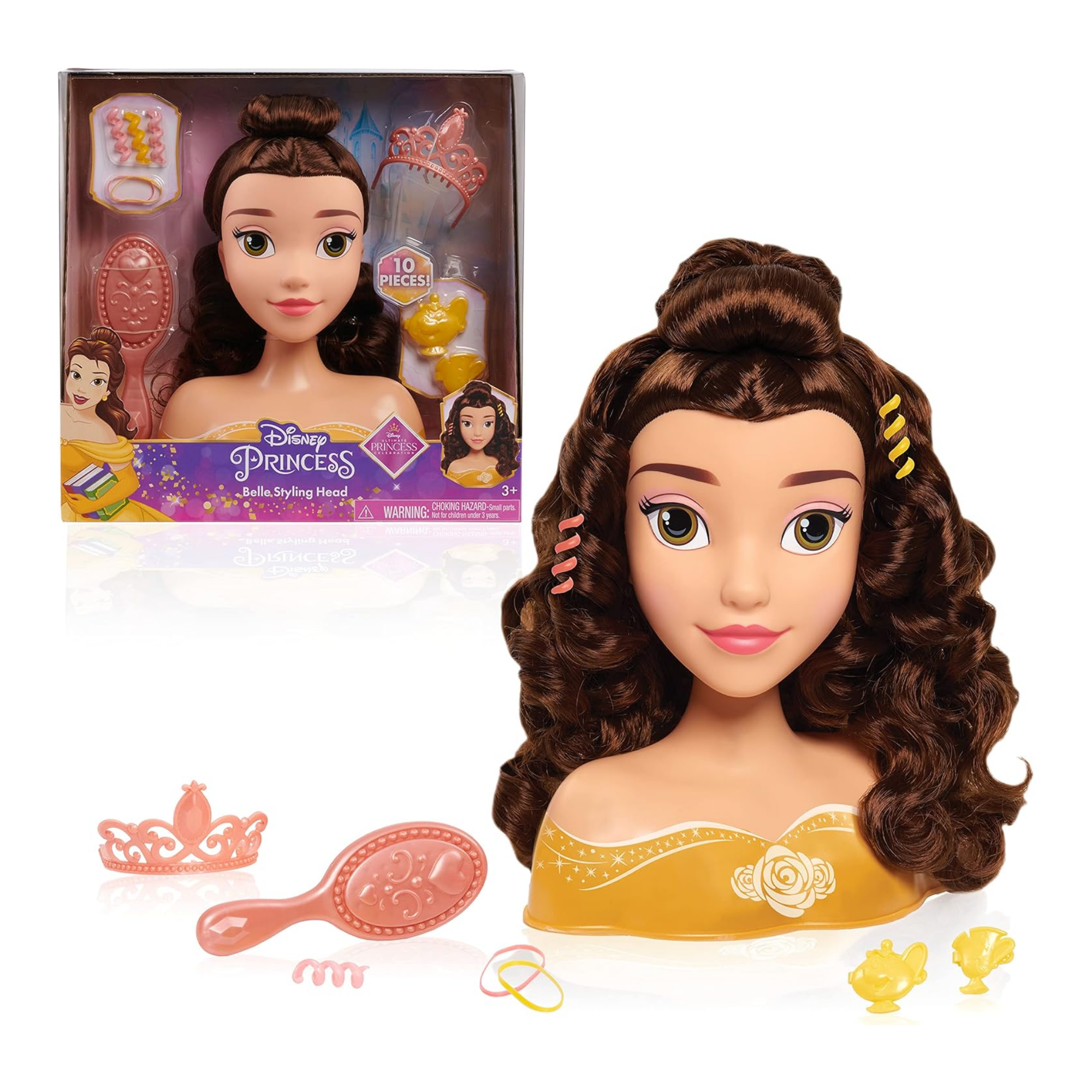 Disney Princess 10 Piece Beauty and the Beast Styling Head with Accessories Featuring Belle, 8" Inch Brown Hair Pretend Play Set, Officially Licensed Kids Role Play Toy for Ages 3 & Up by Just Play
