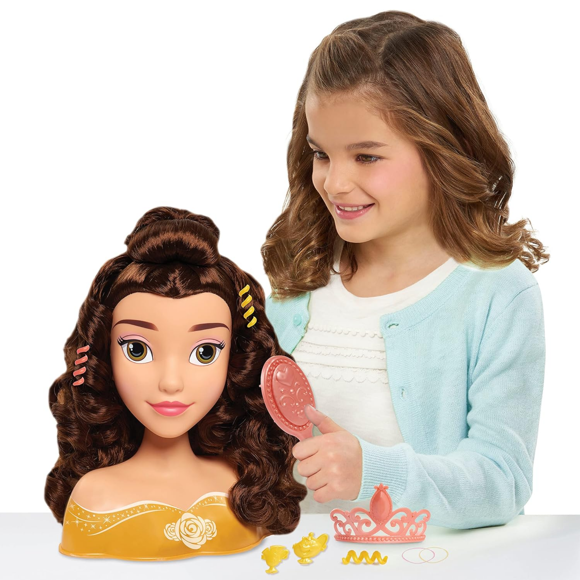 Disney Princess 10 Piece Beauty and the Beast Styling Head with Accessories Featuring Belle, 8" Inch Brown Hair Pretend Play Set, Officially Licensed Kids Role Play Toy for Ages 3 & Up by Just Play