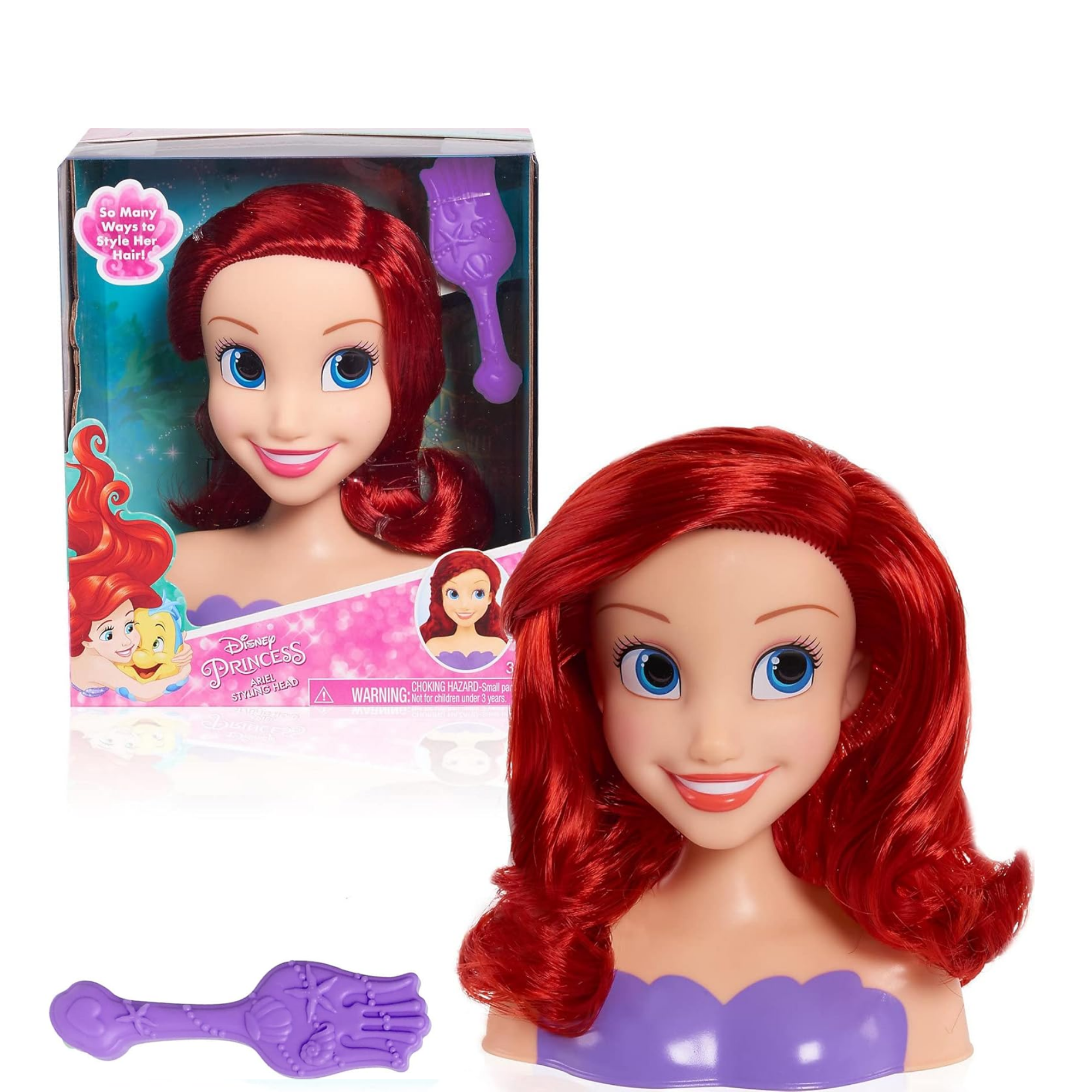 Disney Princess 2 Piece The Little Mermaid Styling Head Featuring Ariel, 5" Inch Red Hair Pretend Play Set, Officially Licensed Kids Role Play Toy for Ages 3 & Up by Just Play
