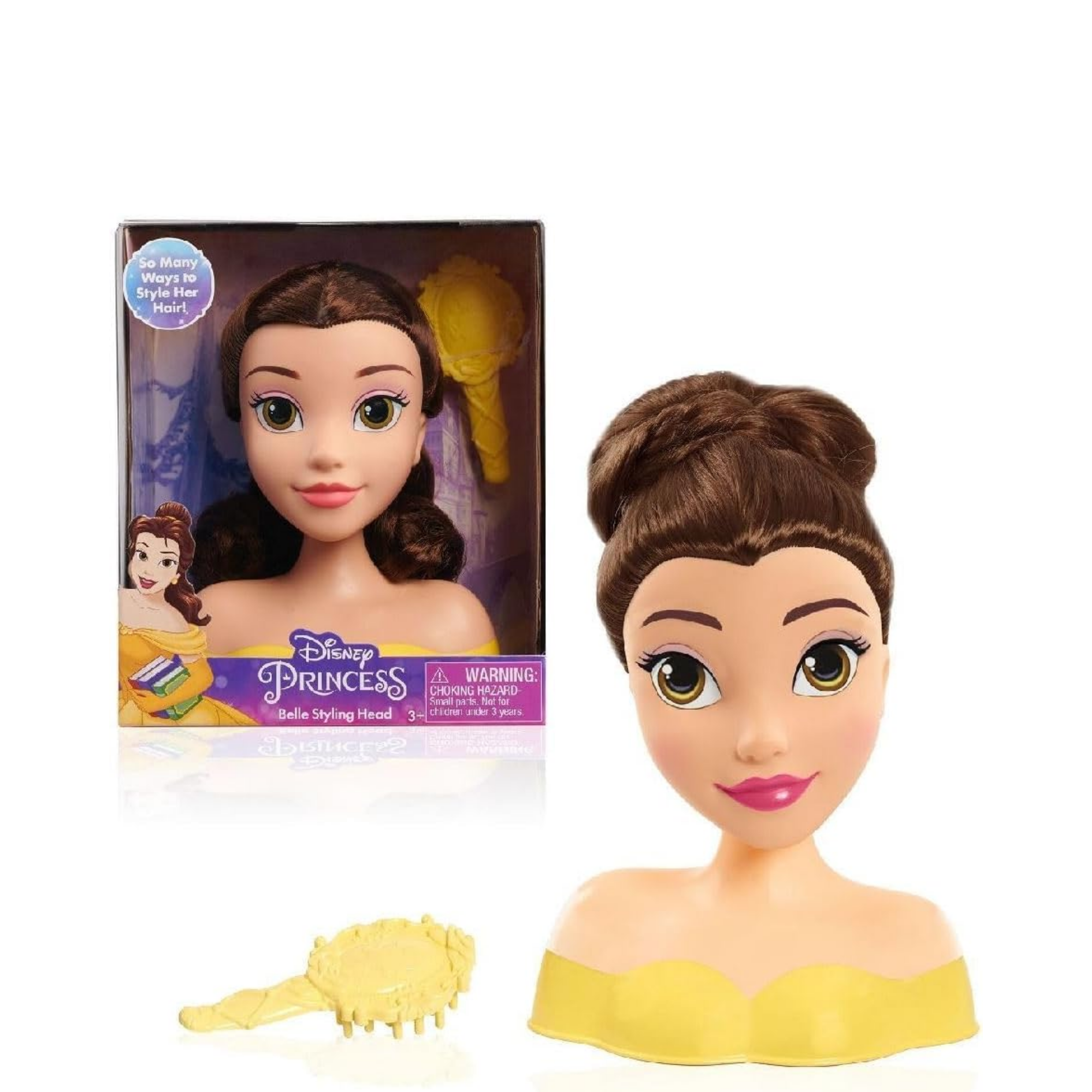 Disney Princess 2 Piece Beauty and the Beast Styling Head Featuring Belle, 5" Inch Brown Hair Pretend Play Set, Officially Licensed Kids Role Play Toy for Ages 3 & Up by Just Play