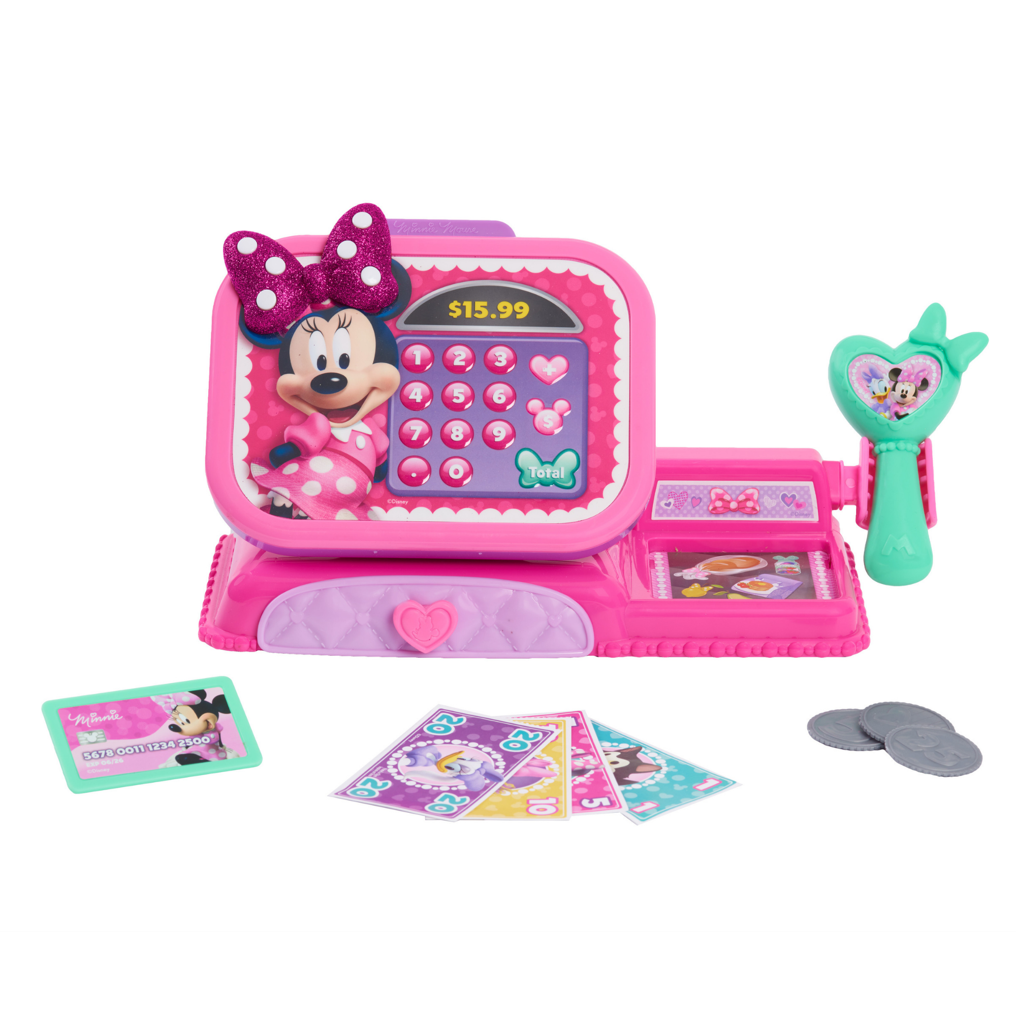 Disney Minnie Mouse Bowtique Cash Register with Lights and Sounds, Preschool Pretend Play Toy with Pull Drawer, Coins, Cash and Card, Officially Licensed Kids Toy for Ages 3 & Up by Just Play