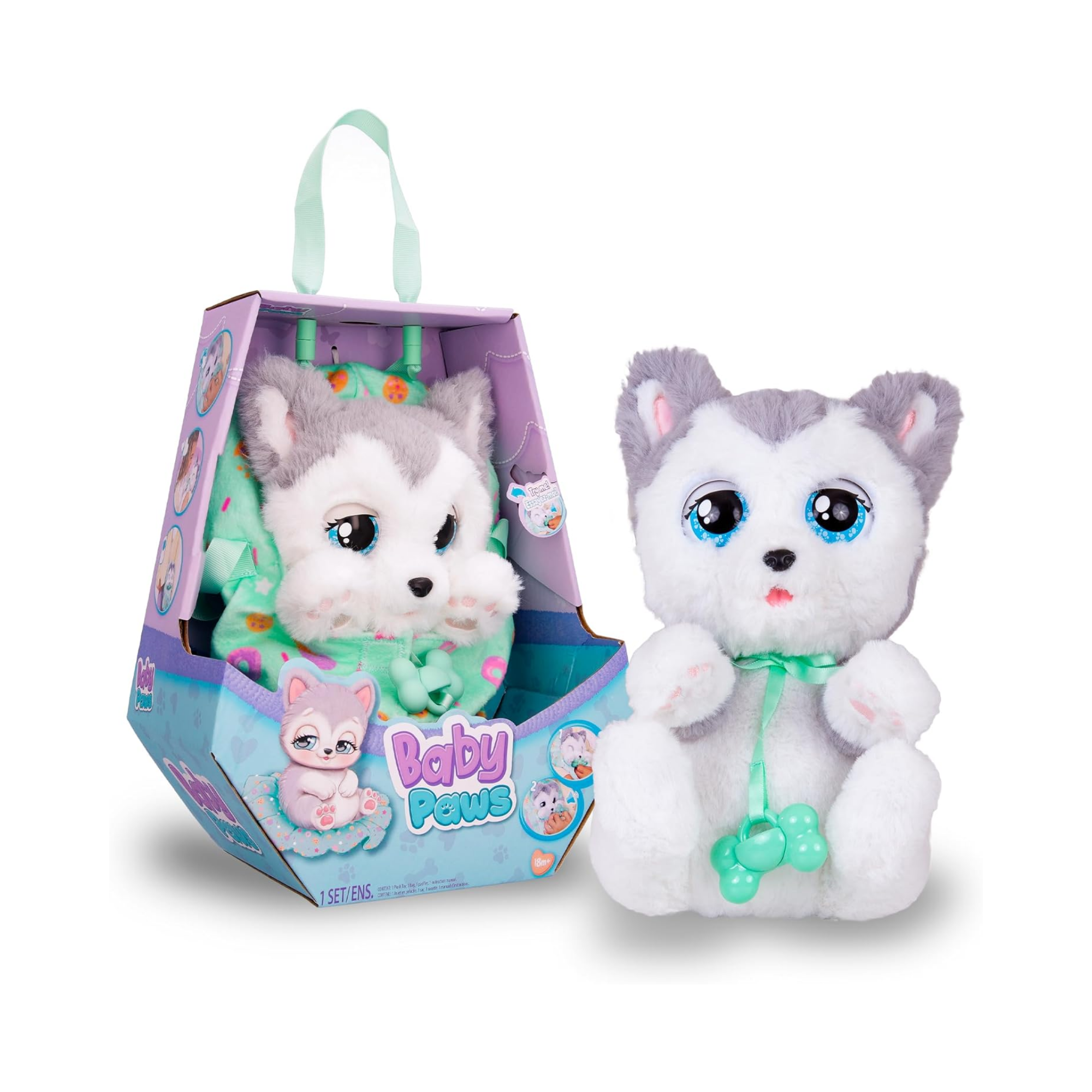 BABY PAWS Sleeping Puppies, Husky, 9.5 Inch Interactive Plush Toy Puppy with Carry Bag, Kids Pretend Play Toy with Sound Effects, Suitable for Both Boys and Girls Aged 18m+