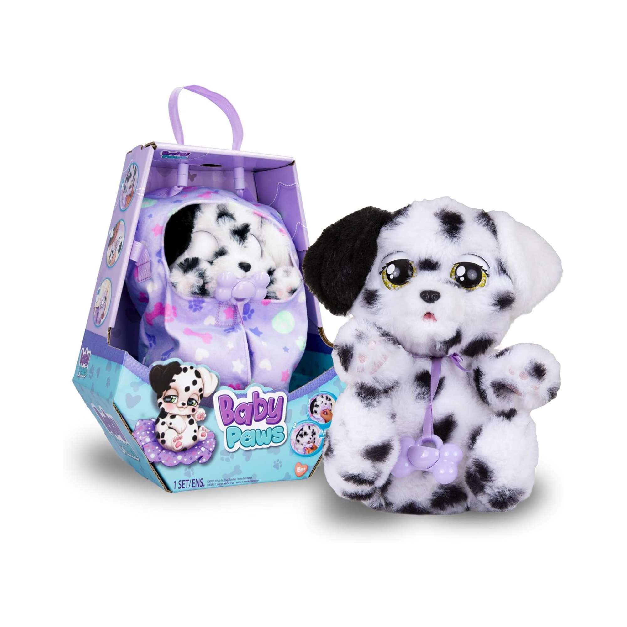 BABY PAWS Sleeping Puppies, Dalmatian, 8.5 Inch Interactive Plush Toy Puppy with Carry Bag, Kids Pretend Play Toy with Sound Effects, Suitable for Both Boys and Girls Aged 18m+