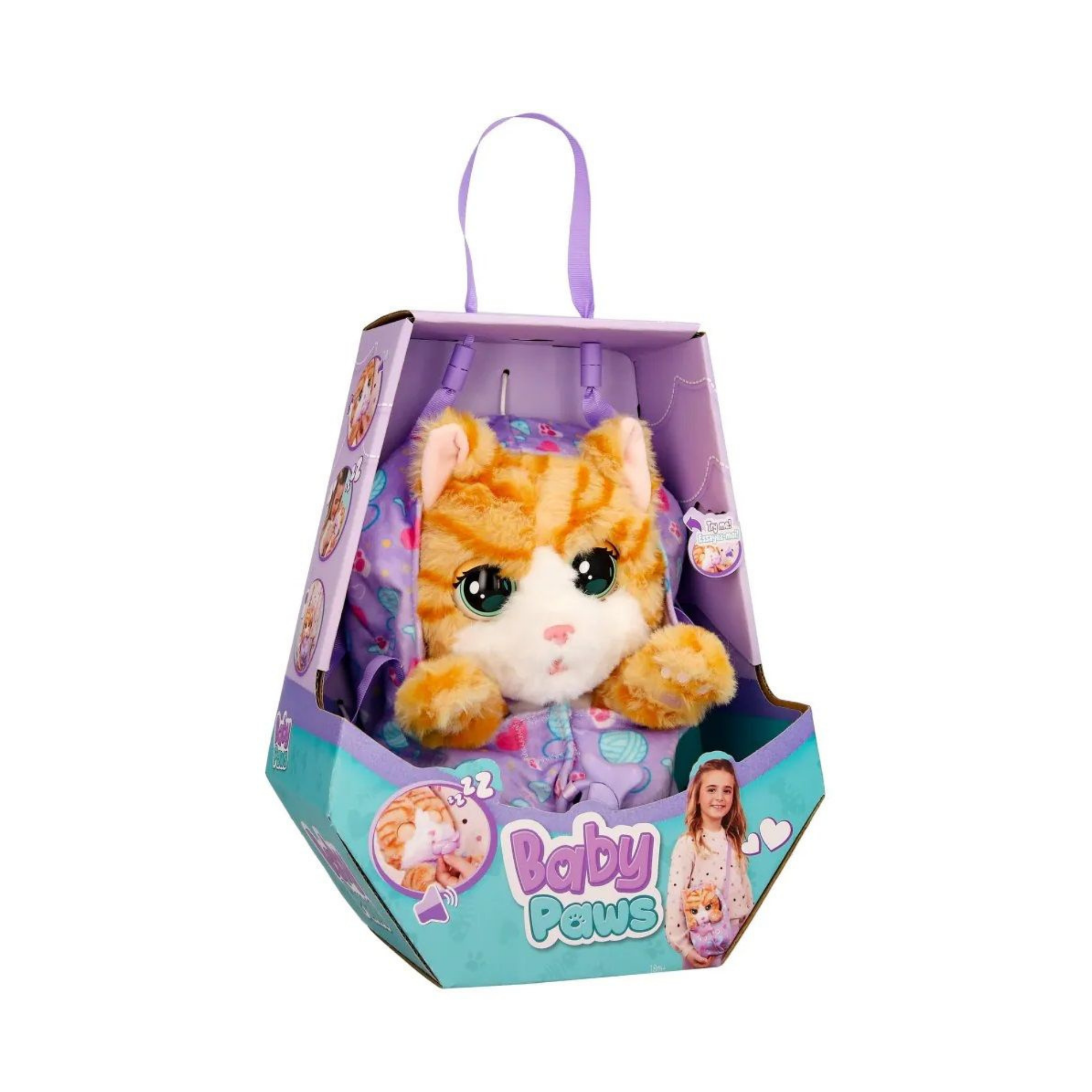 BABY PAWS Sleeping Cats, Kitty, 8.5 Inch Interactive Plush Toy Kitten with Carry Bag, Kids Pretend Play Toy with Sound Effects, Suitable for Both Boys and Girls Aged 3+