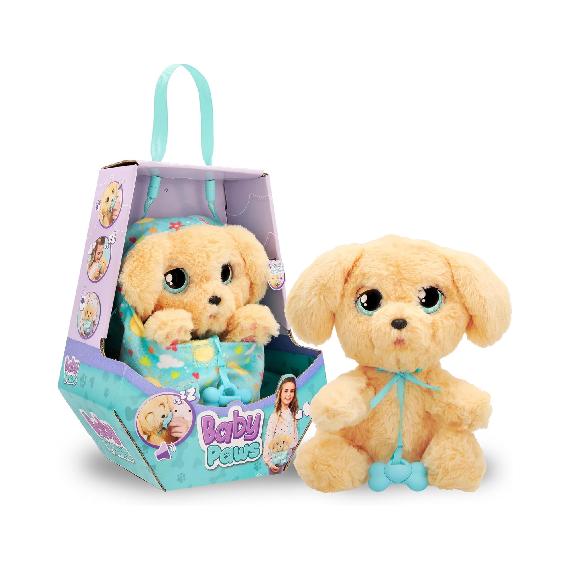 BABY PAWS Sleeping Puppies, Labrador, 9.5 Inch Interactive Plush Toy Puppy with Carry Bag, Kids Pretend Play Toy with Sound Effects, Suitable for Both Boys and Girls Aged 3+