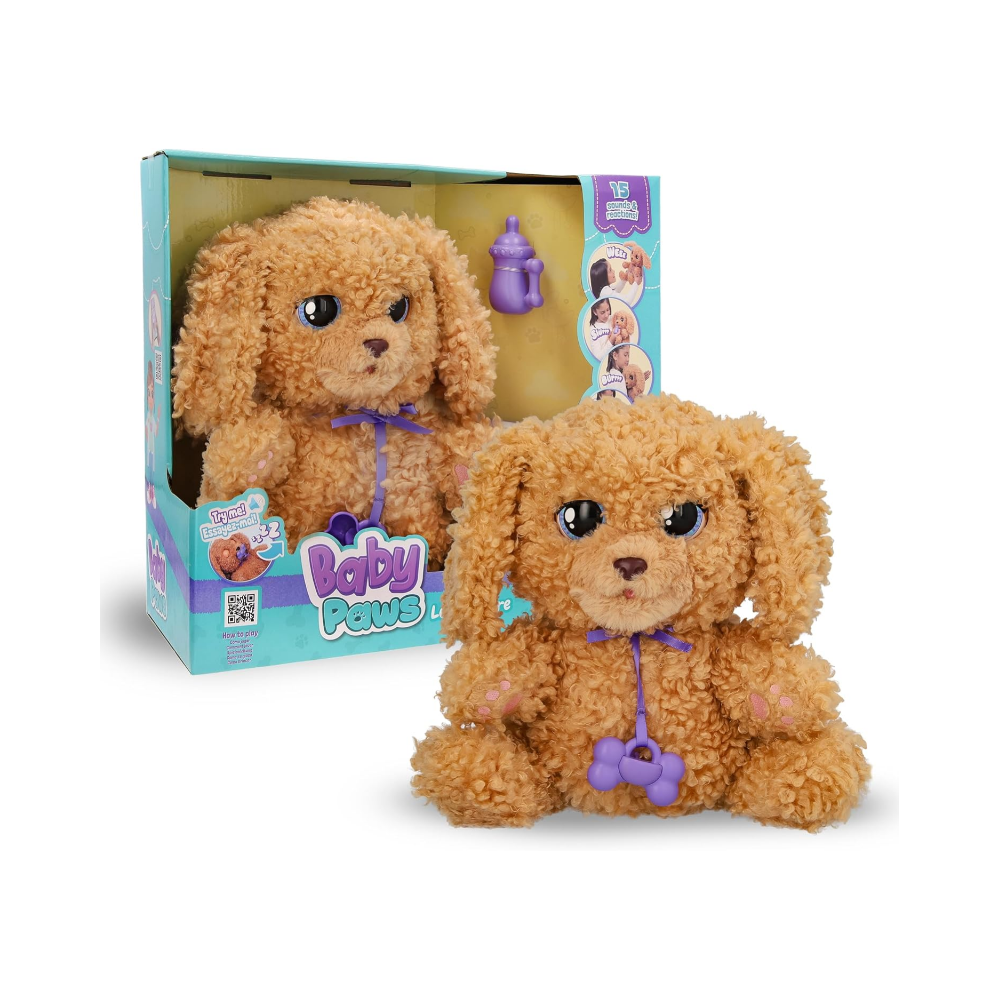 BABY PAWS Love and Care, Labradoodle, 11.4 Inch Interactive Plush Toy Puppy with Carry Bag, Kids Pretend Play Toy with Sound Effects, Suitable for Both Boys and Girls Aged 4+