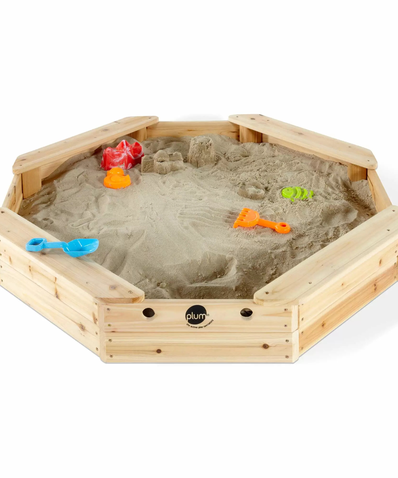 Plum Treasure Beach Wooden Sandpit with Cover, Outdoor Playground Sandbox Toy with Built-in Bench, Encourages Imaginative & Active Play for Kids, Suitable for Boys and Girls Aged 3 years and Above