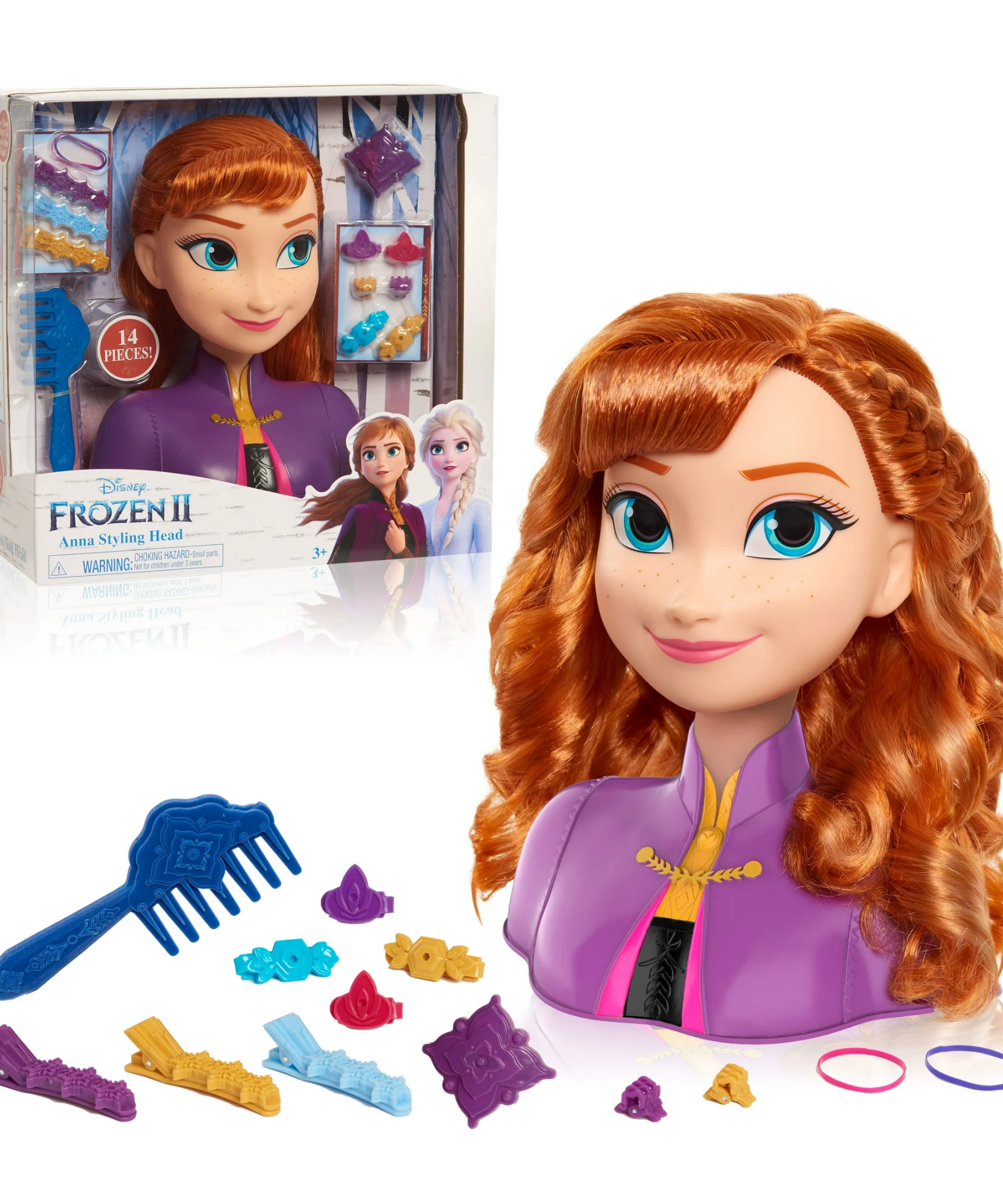 Disney Princess 14 Piece Frozen Styling Head with Accessories Featuring Anna, 8" Inch Red Hair Pretend Play Set, Officially Licensed Kids Role Play Toy for Ages 3 & Up by Just Play