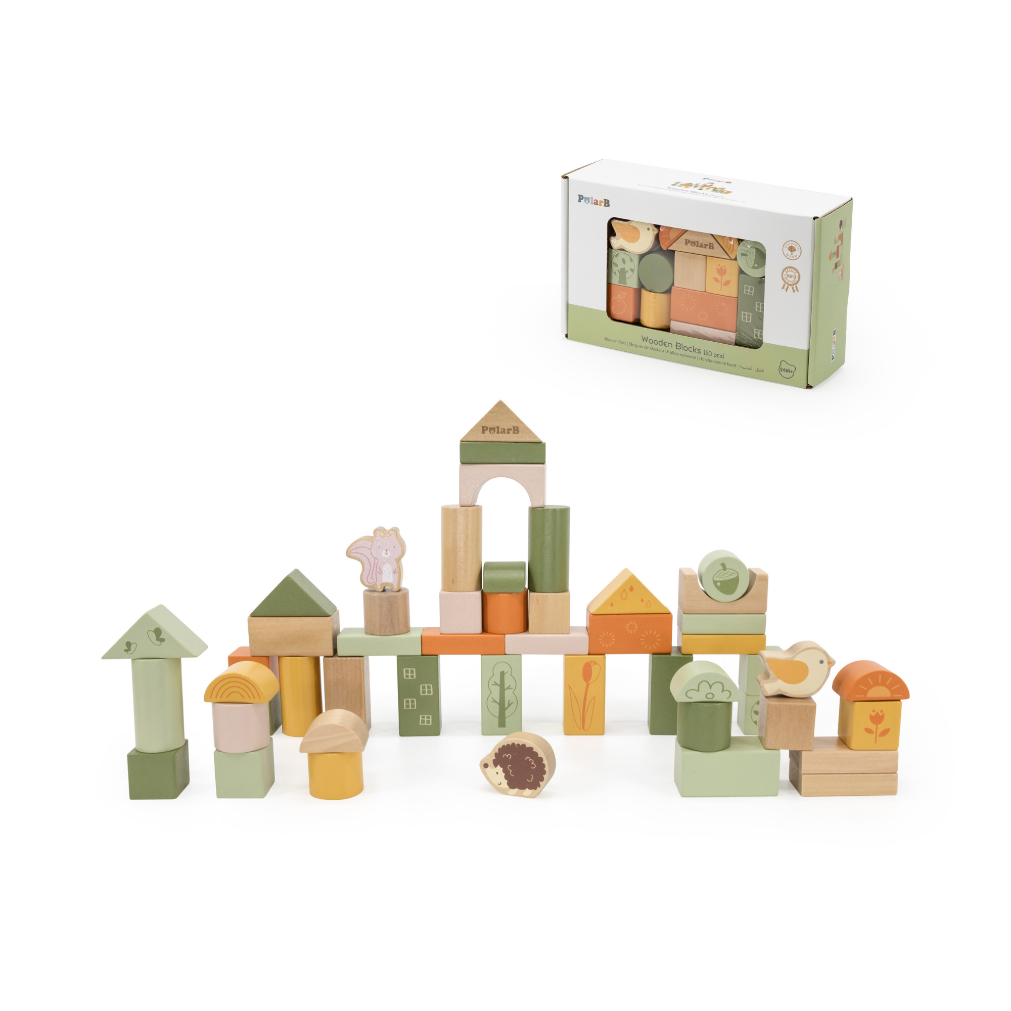 PolarB Wooden Blocks Set 50 Pieces, Green Forest Theme, Eco-Friendly Building and Stacking Toy for Toddlers, Includes Forest Animals and Shapes, Educational Toy for Kids 12 Months and Up