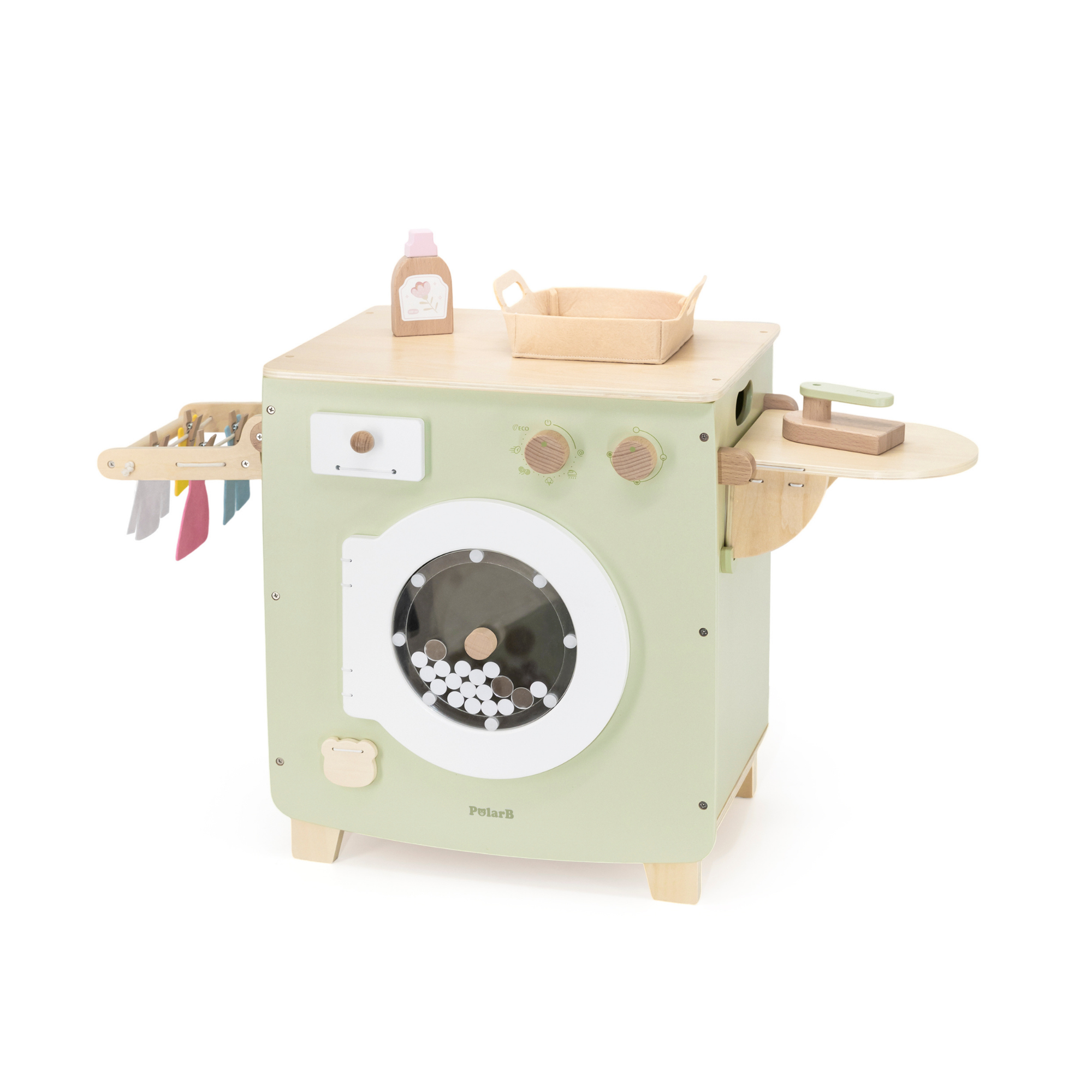 PolarB Wooden Washing Machine Play Set for Kids, Pretend Laundry Toy with Iron, Detergent, Basket, Clothes and Clips, Realistic Role Play for Toddlers and Children