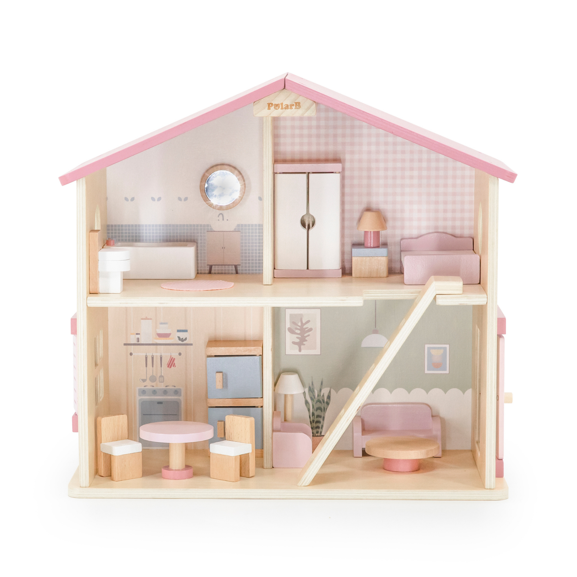 PolarB Wooden Dollhouse, 2-Story Playhouse with 16 Furniture Pieces, Pastel Pretend Play Set for Kids Ages 3+