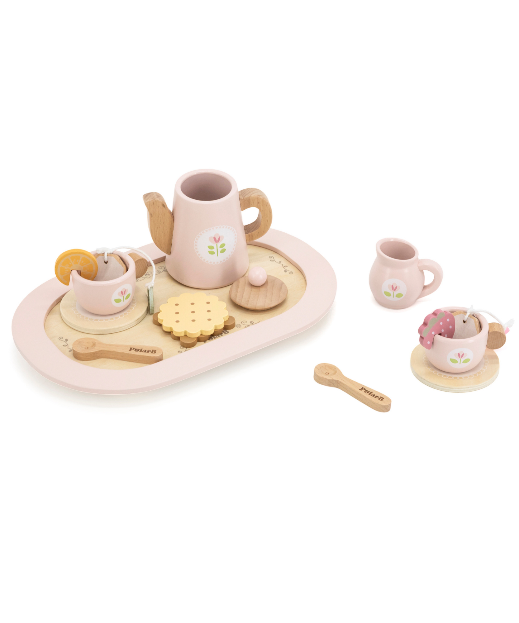PolarB Wooden Tea Party Set, Pretend Play Tea Set with Teapot, Cups, Tray, Biscuits, and Accessories, Role Play Toy for Toddlers, Ages 3+