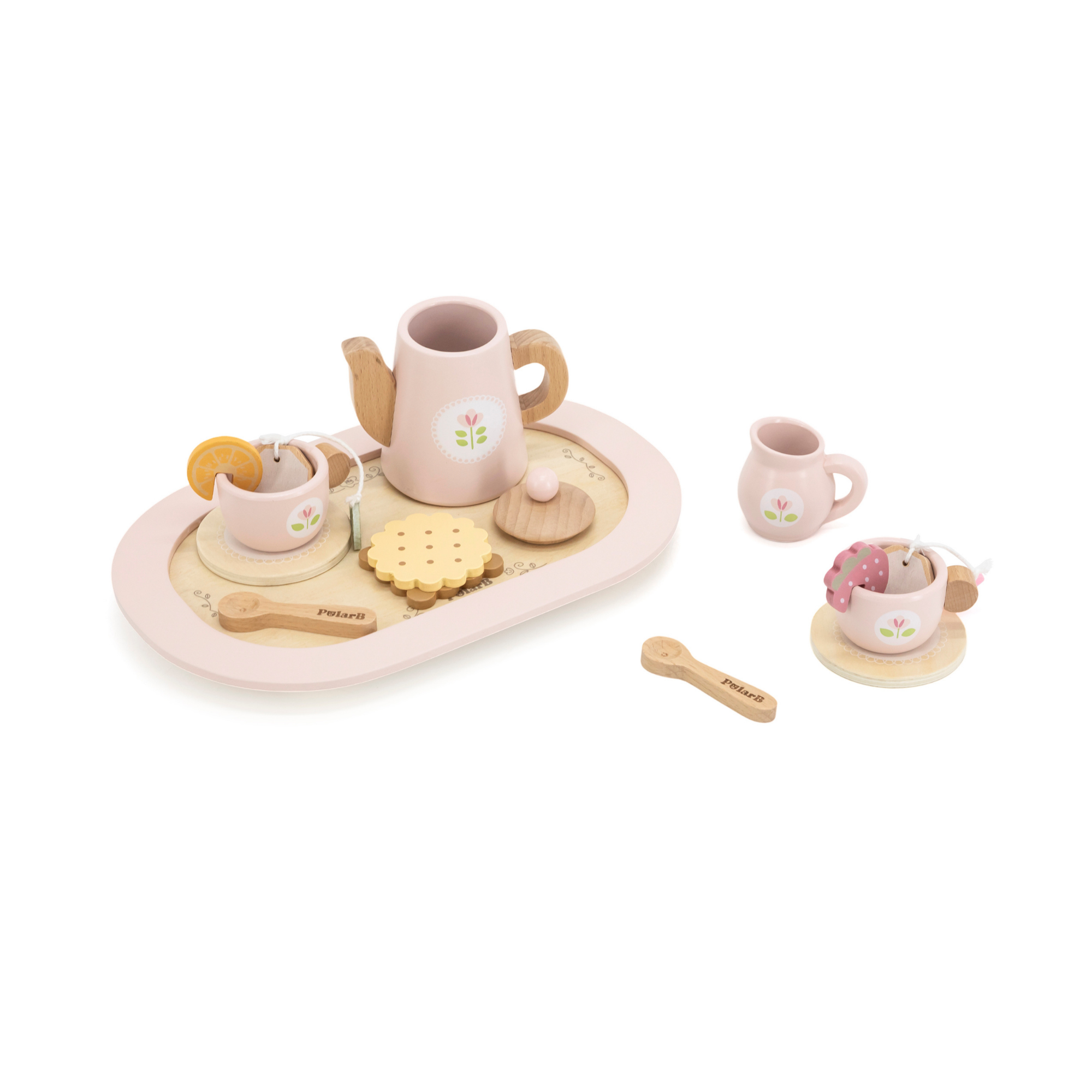 PolarB Wooden Tea Party Set, Pretend Play Tea Set with Teapot, Cups, Tray, Biscuits, and Accessories, Role Play Toy for Toddlers, Ages 3+