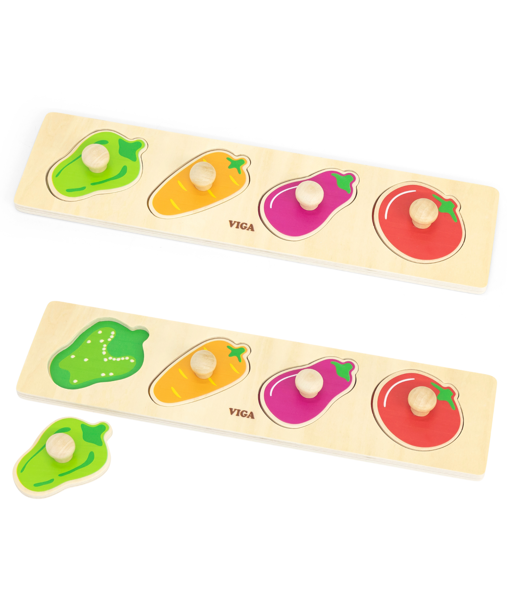 Viga Vegetables, 4 Piece Knob Puzzle, Montessori Wooden Toy, Develops Sensory, Cognitive & Fine Motor Skills, Non-Toxic & Eco-friendly Kids Educational Toy, Suitable for Boys and Girls Aged 12M+