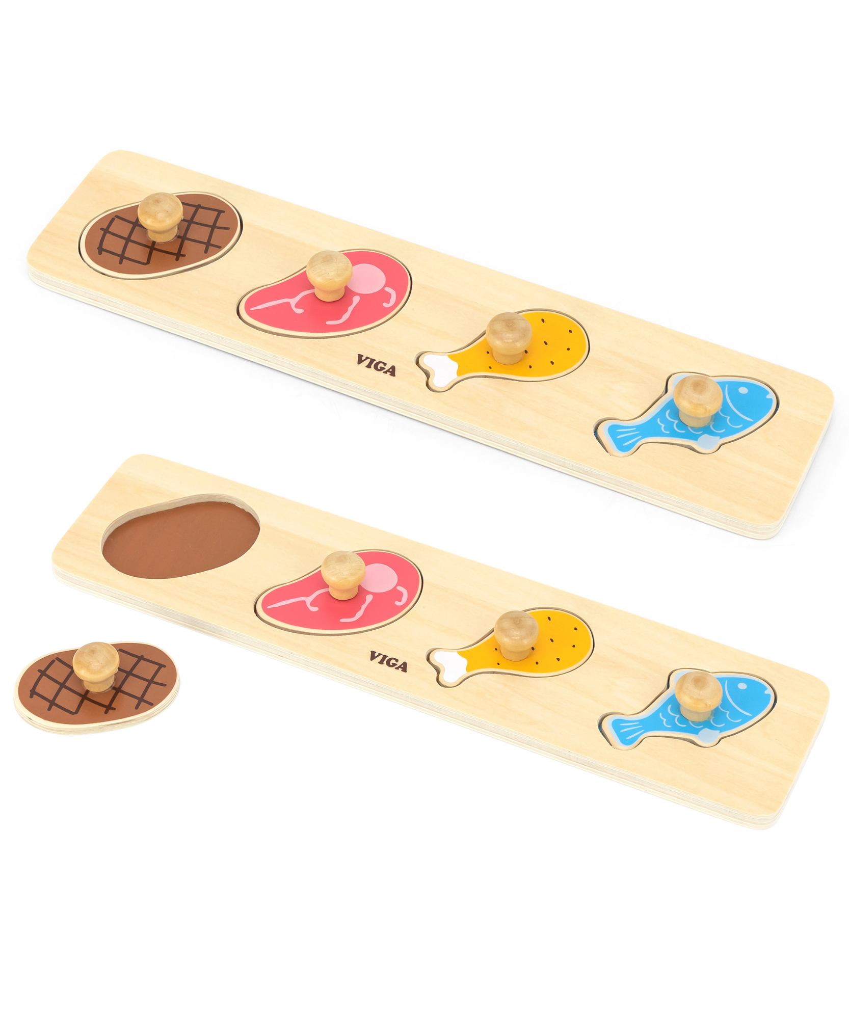Viga Meat & Fish, 4 Piece Knob Puzzle, Montessori Wooden Toy, Develops Sensory, Cognitive & Fine Motor Skills, Non-Toxic & Eco-friendly Kids Educational Toy, Suitable for Boys and Girls Aged 12M+