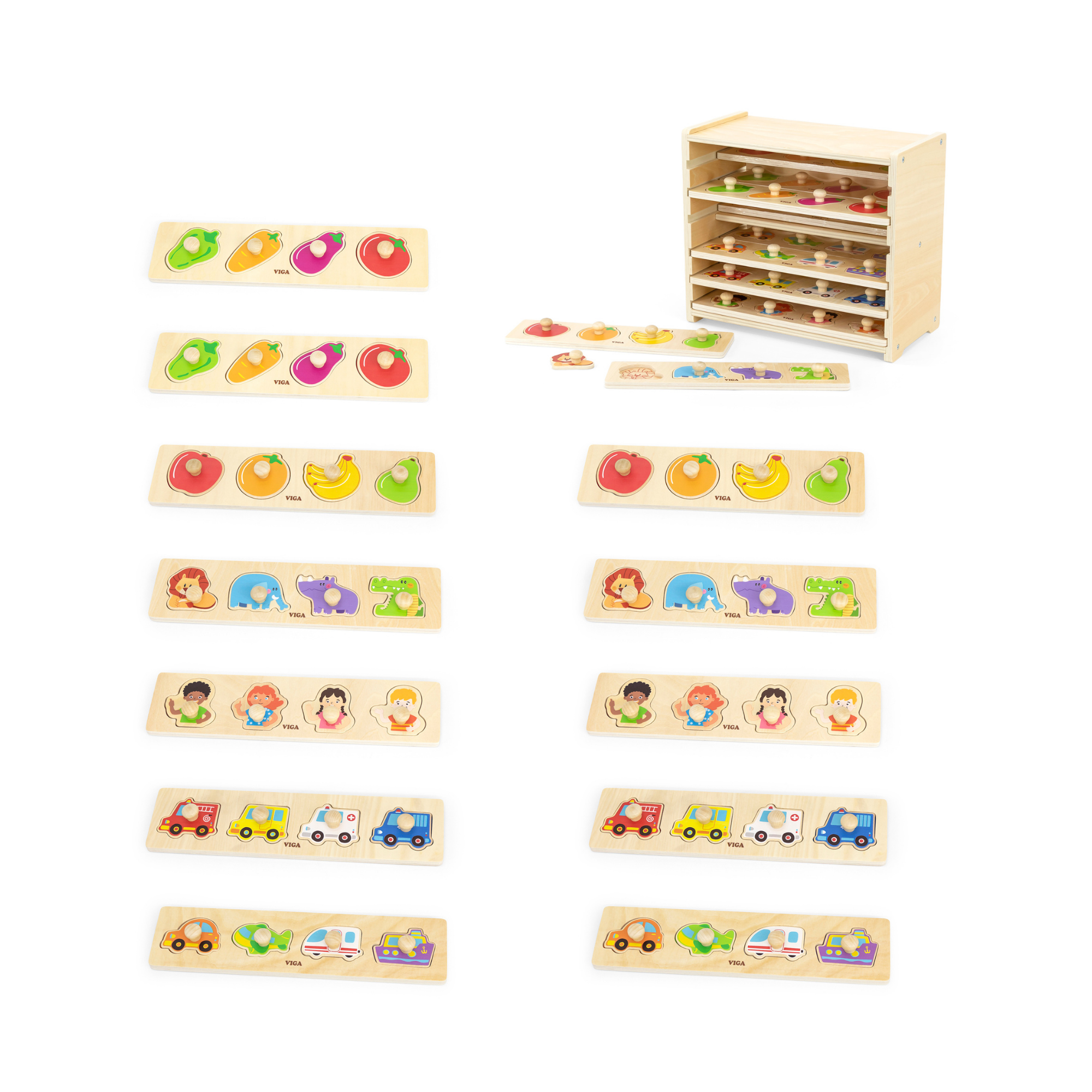 Viga Set of 12, 4 Piece Knob Puzzle, Montessori Wooden Toy, Develops Sensory, Cognitive & Fine Motor Skills, Non-Toxic & Eco-friendly Kids Educational Toy, Suitable for Boys and Girls Aged 12M+