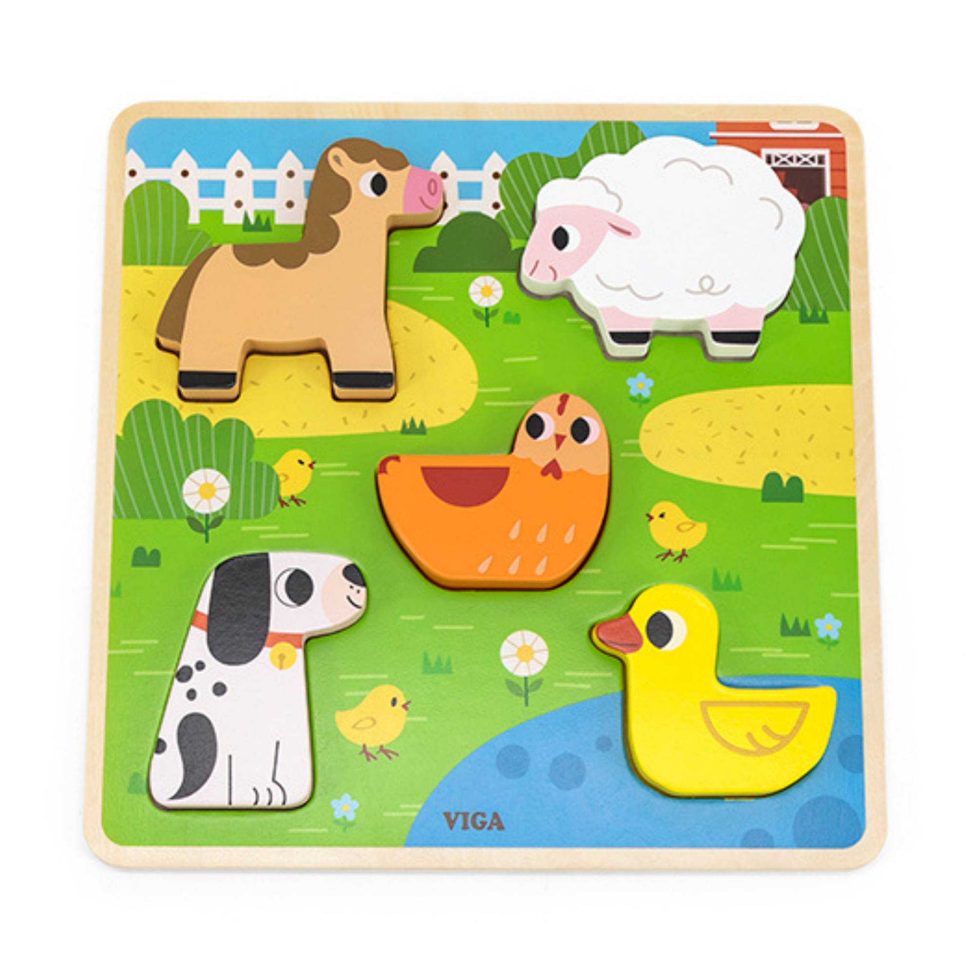 Viga Farm, 5 Piece Block Puzzle, Montessori Wooden Toy, Develops Sensory, Cognitive & Fine Motor Skills, Non-Toxic & Eco-friendly Kids Educational Toy, Suitable for Boys and Girls Aged 18M+