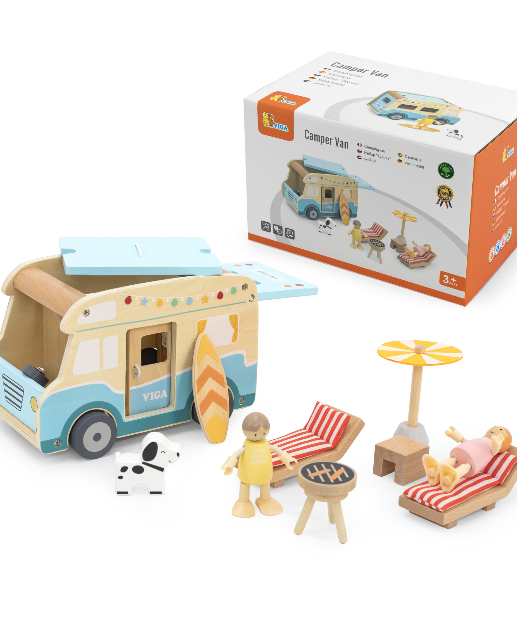 Viga Wooden Camper Van Playset, 12-Piece Montessori-Inspired Beach-Themed Vehicle Toy, Non-Toxic and Eco-Friendly, Encourages Imaginative Role Play and Fine Motor Skills, Suitable for Boys & Girls Ages 3+