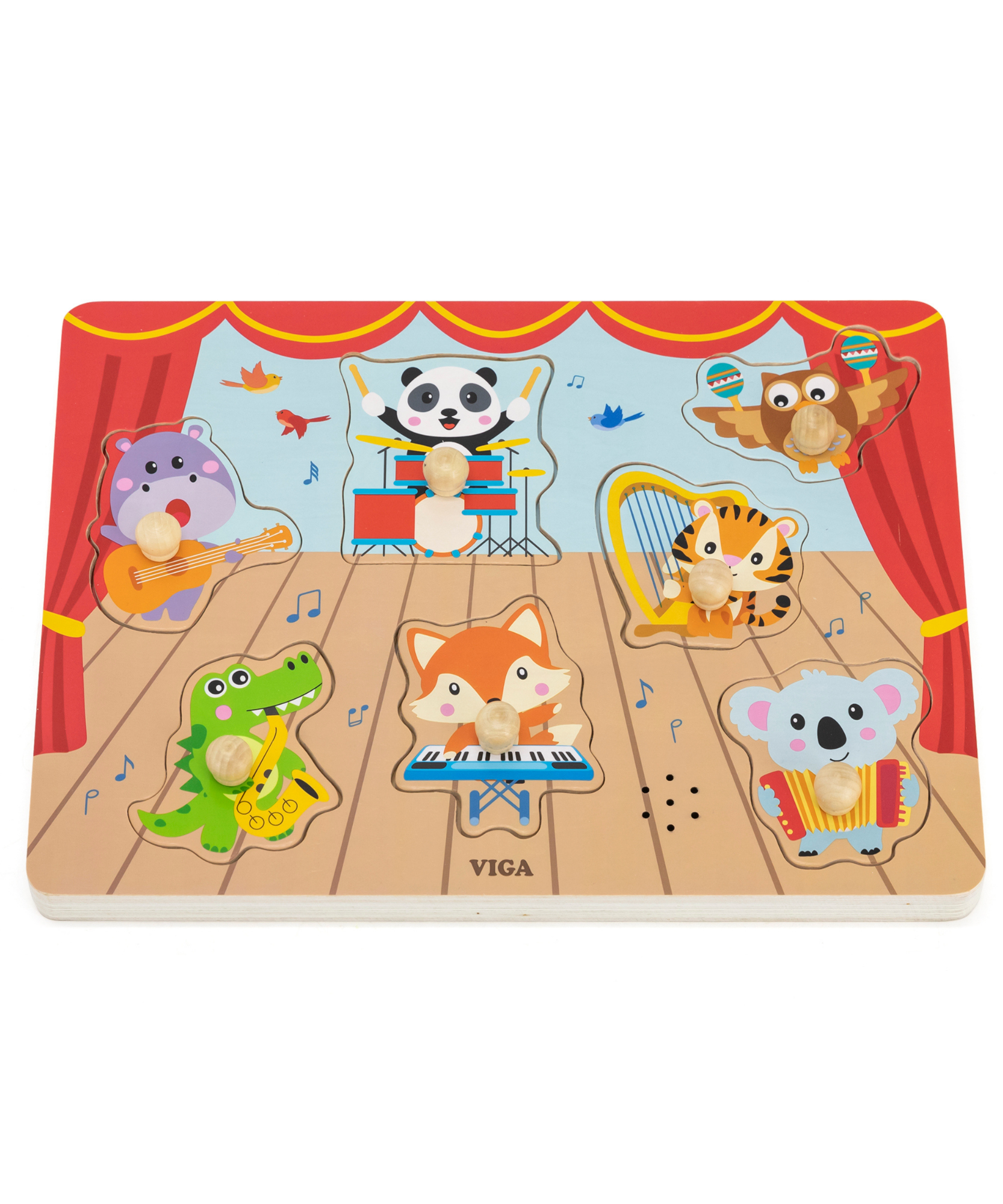 Viga Wild Animals Music Concert, 7 Piece Knob Puzzle with Sound, Montessori Wooden Toy, Develops Sensory, Cognitive & Fine Motor Skills, Non-Toxic & Eco-friendly Kids Educational Toy, 18M+