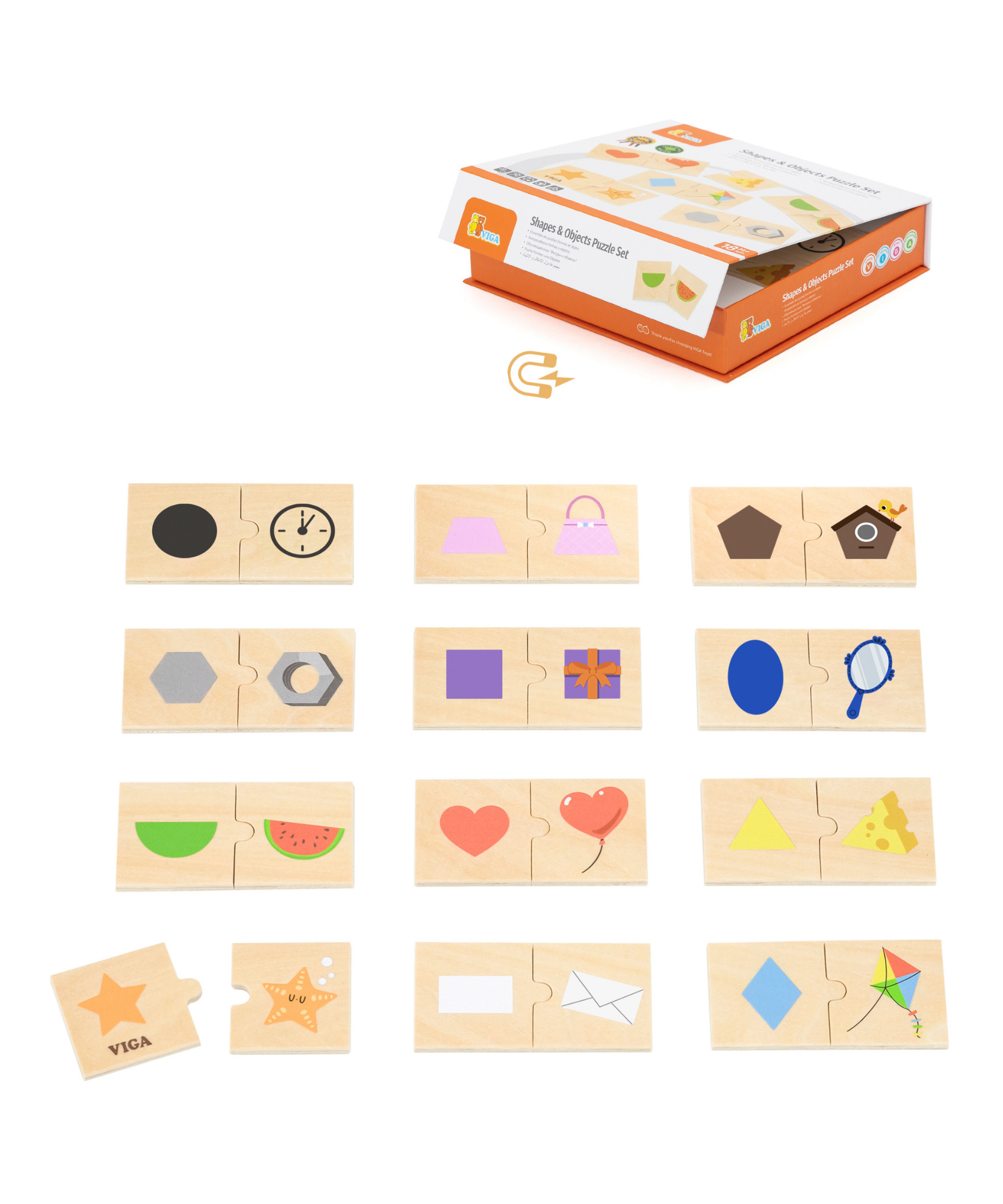 Viga Connecting Game, Shapes to Objects, 24 Piece Mix & Match Puzzle, Montessori Wooden Toy, Develops Sensory, Cognitive & Fine Motor Skills, Non-Toxic & Eco-friendly Kids Educational Toy, 18M+