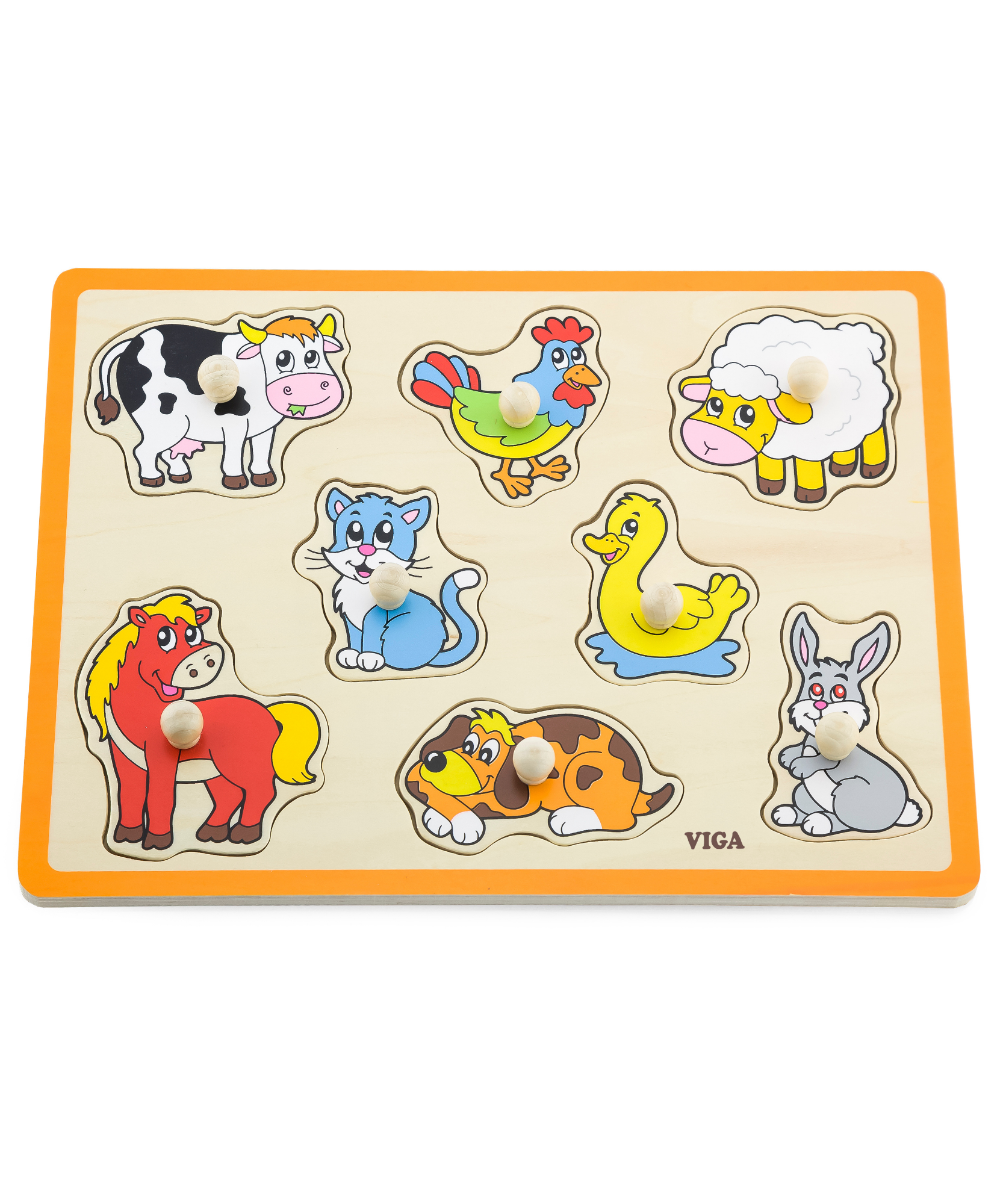 Viga Farm Animals, 8 Piece Knob Puzzle, Montessori Wooden Toy, Develops Sensory, Cognitive & Fine Motor Skills, Non-Toxic & Eco-friendly Kids Educational Toy, Suitable for Boys and Girls Aged 18M+