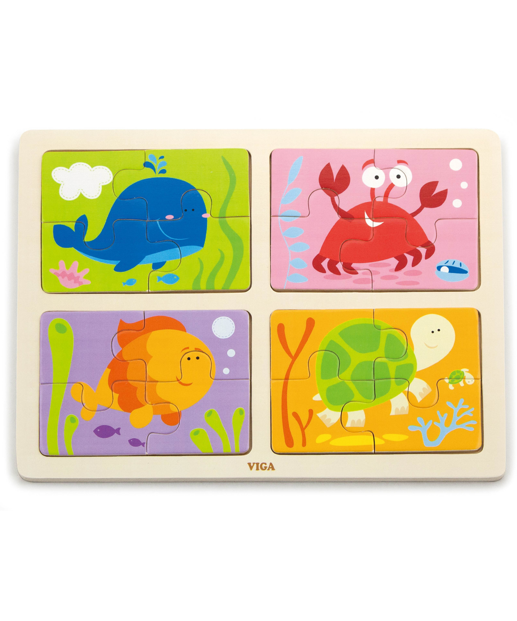 Viga 4 in 1 Sea, 16 Piece Block Puzzle, Montessori Wooden Toy, Develops Sensory, Cognitive & Fine Motor Skills, Non-Toxic & Eco-friendly Kids Educational Toy, Suitable for Boys and Girls Aged 18M+