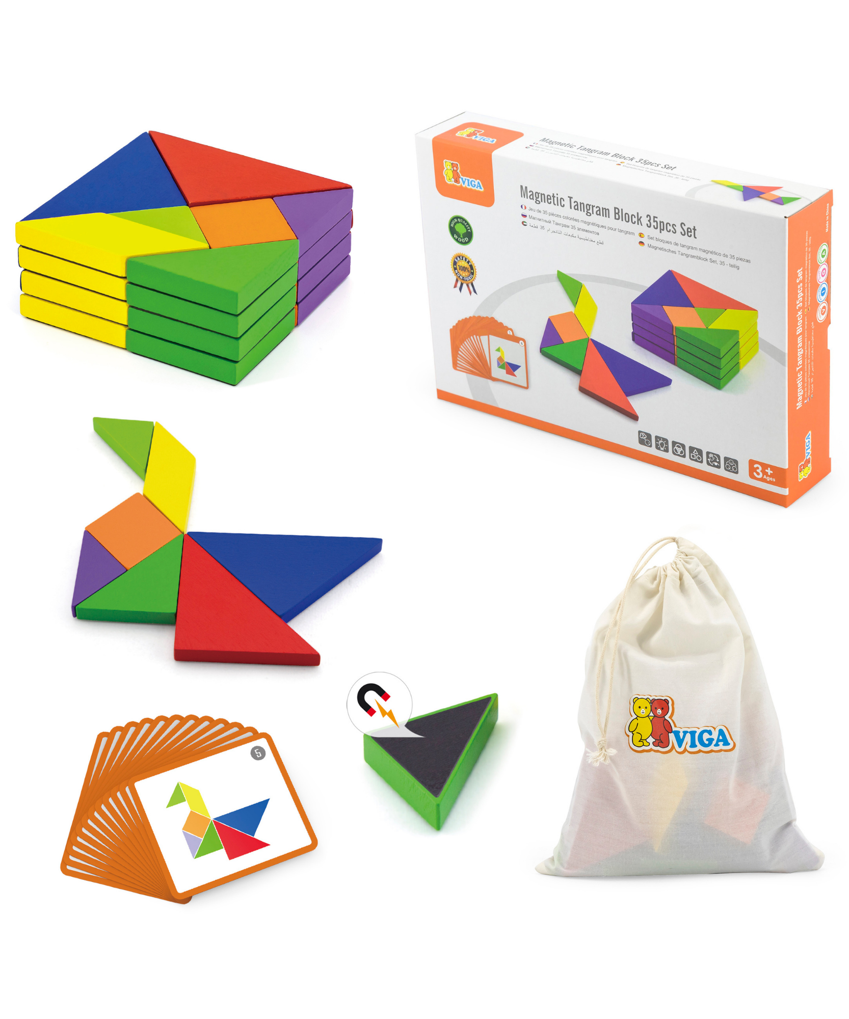 Viga Magnetic Tangram, 35 Piece Geometric Block Puzzle, Montessori Wooden Toy, Develops Sensory, Cognitive & Fine Motor Skills, Non-Toxic & Eco-friendly Kids Educational Toy, for Boys & Girls 3Y+