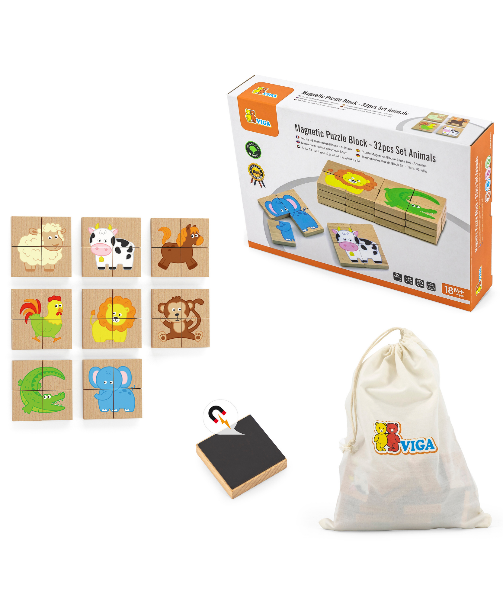 Viga Animals, 32 Piece Magnetic Block Puzzle, Montessori Wooden Toy, Develops Sensory, Cognitive & Fine Motor Skills, Non-Toxic & Eco-friendly Kids Educational Toy, Suitable for Children Aged 18M+